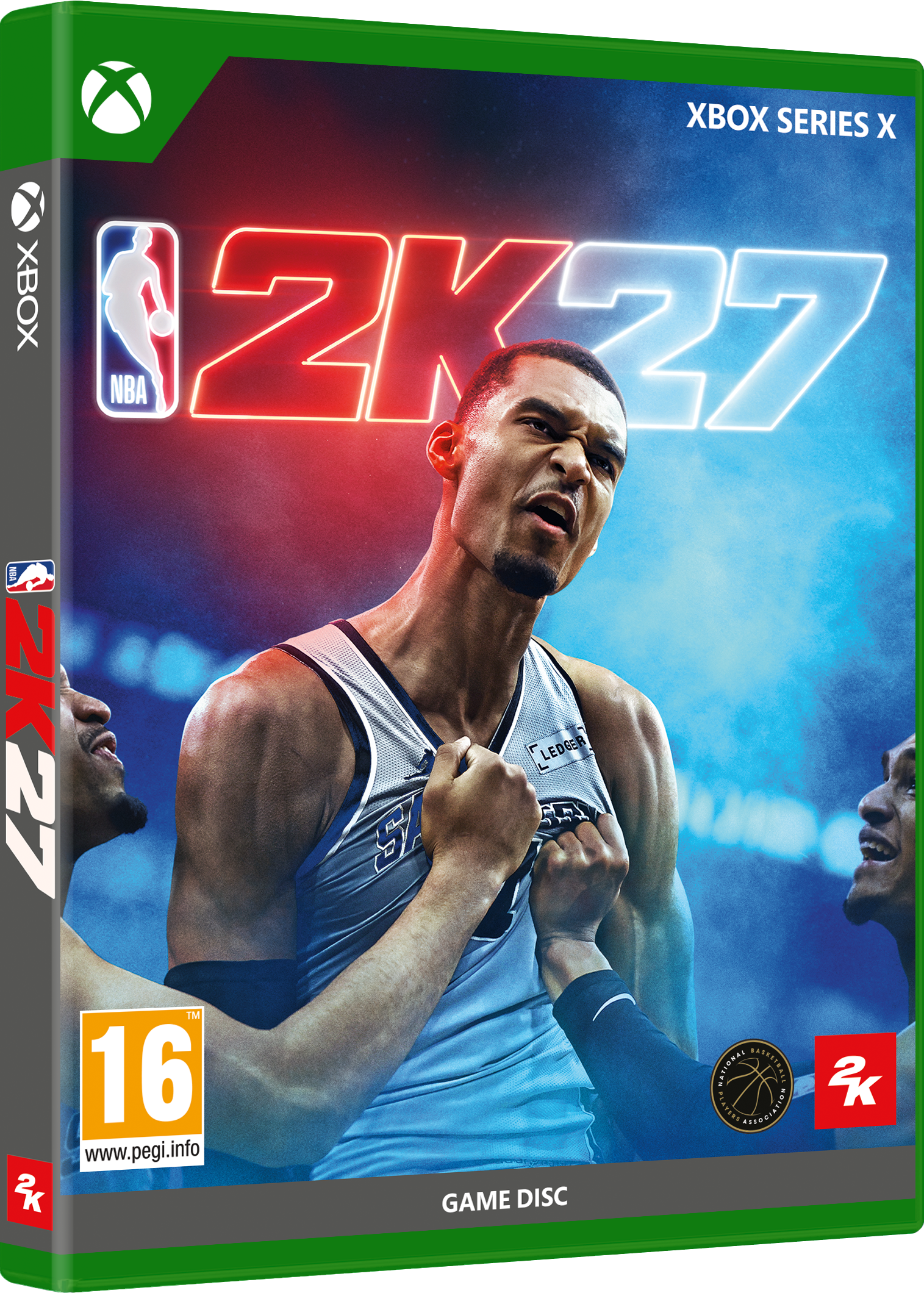 Xbox Series X Videospielhülle für NBA 2K27 mit einem jubelnden Basketballspieler in der Mitte vor blau-rotem Hintergrund.