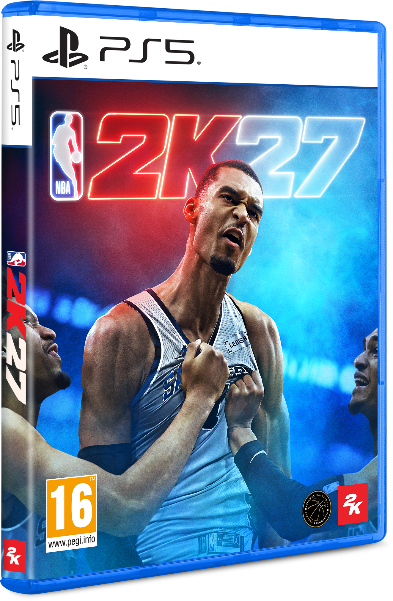 PS5-Spielhülle für NBA 2K27 mit Basketballspielern auf blau-rotem Hintergrund.