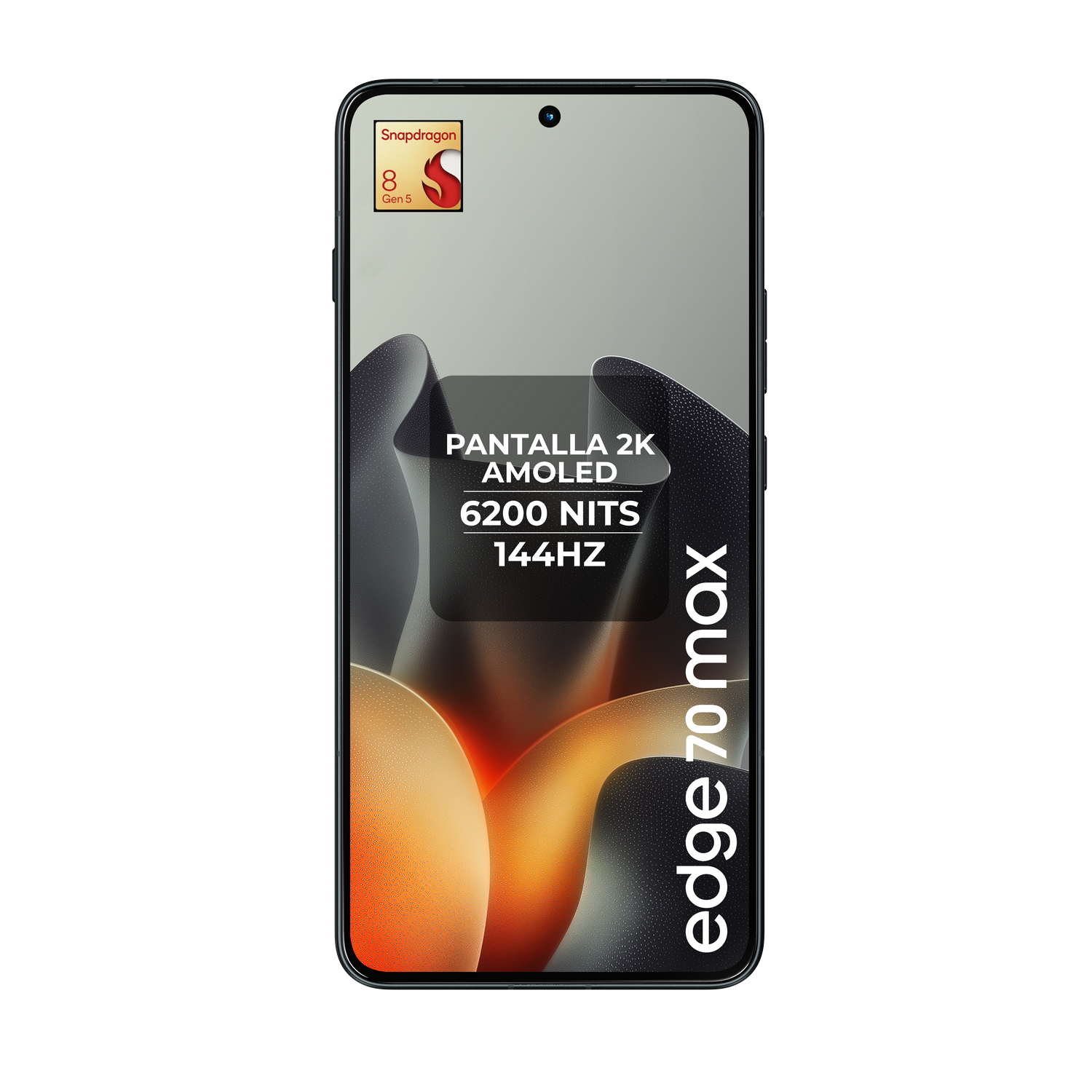 Smartphone con pantalla 2K AMOLED, insignia Snapdragon 8 Gen 5 y texto edge 70 max.
