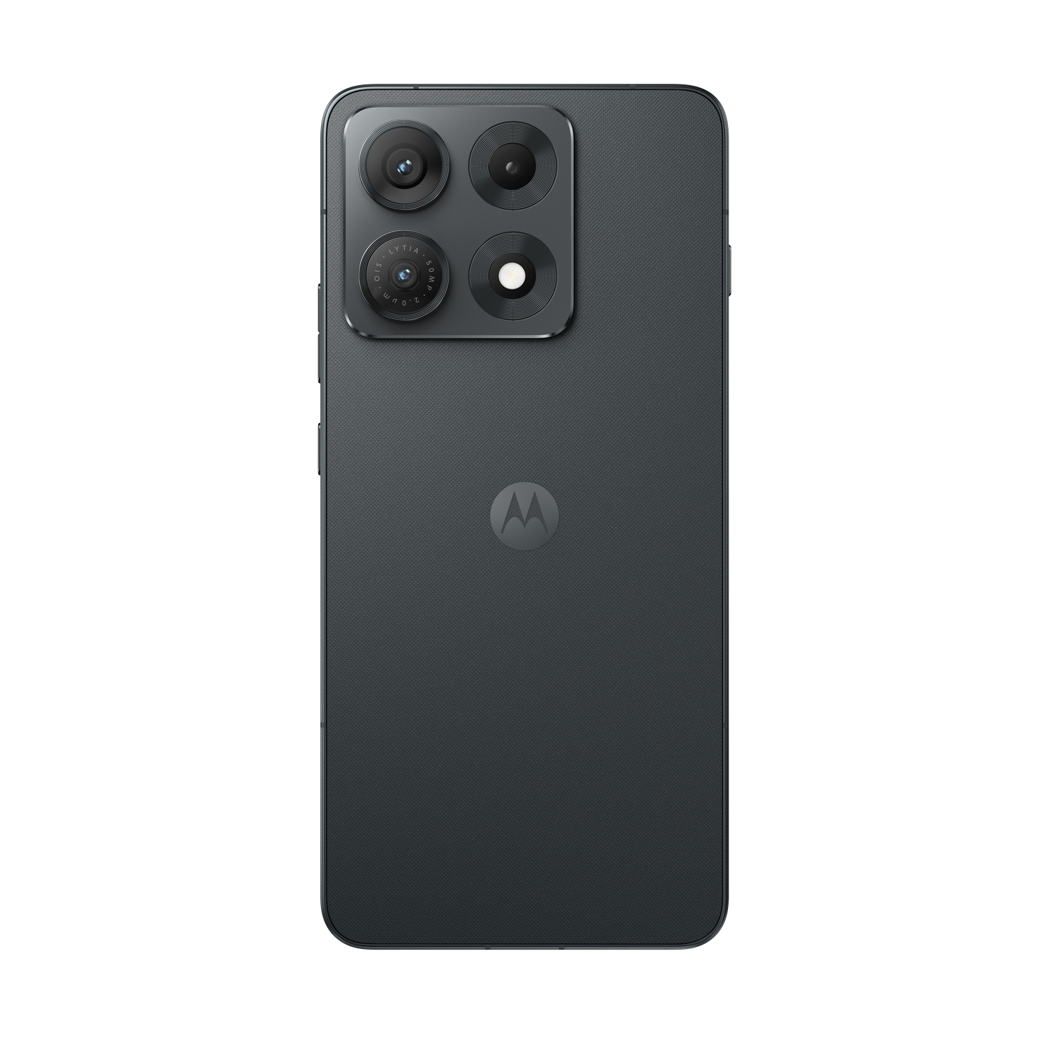 Parte trasera de un smartphone Motorola gris oscuro con cuatro lentes de cámara y el logo.