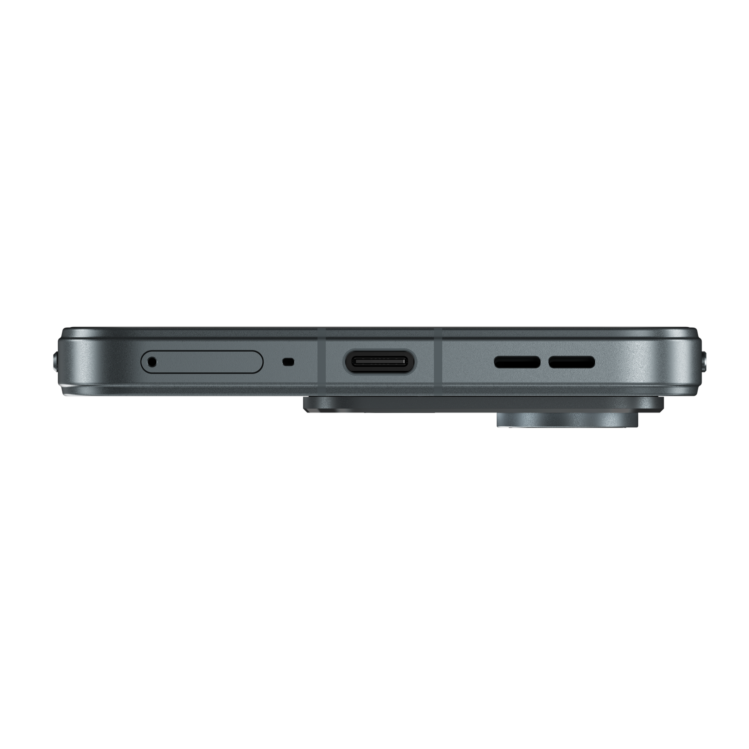 Vista inferior de un teléfono gris con puerto USB-C, bandeja SIM y altavoces.