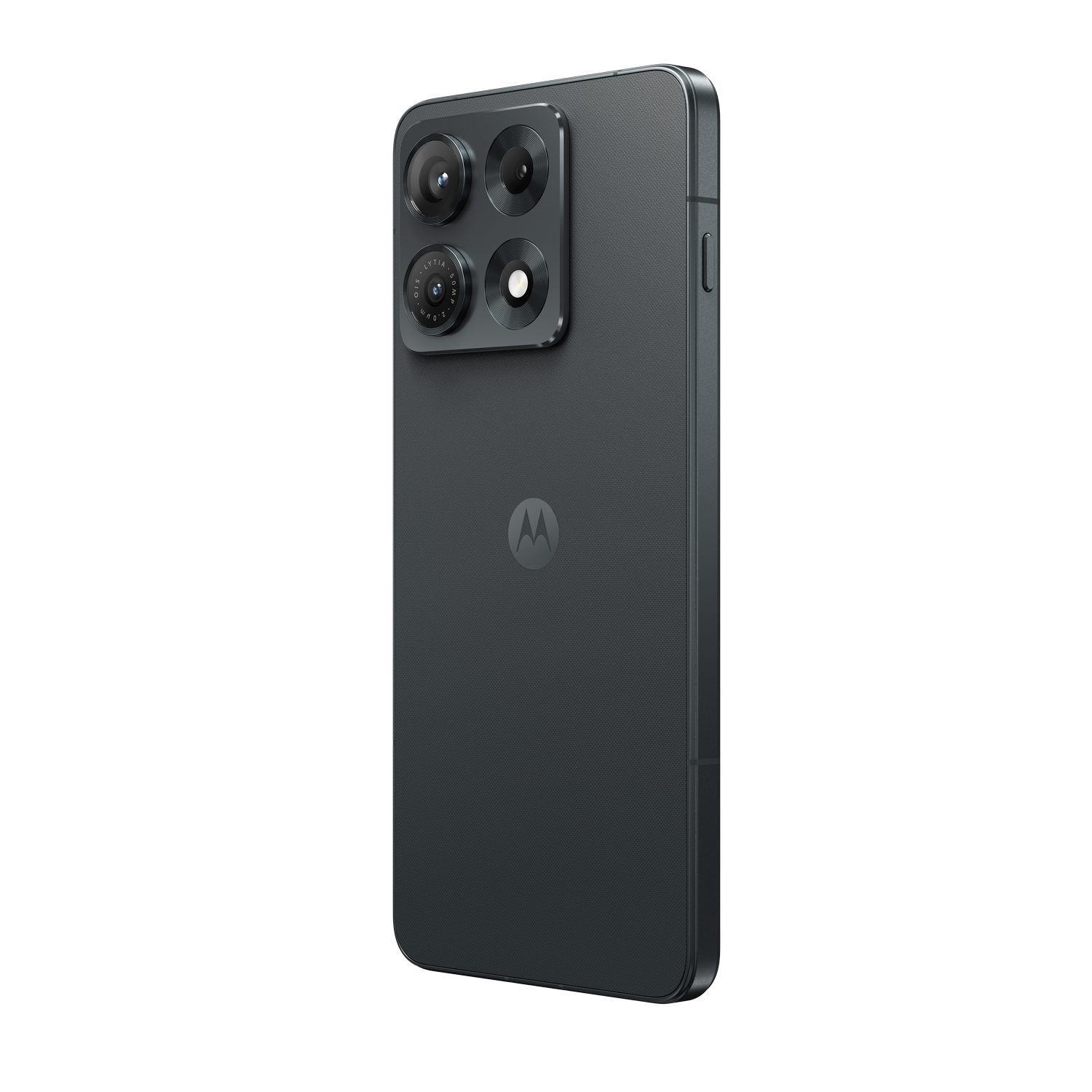 Parte trasera de un smartphone Motorola gris oscuro con módulo de cuatro cámaras y logotipo sobre fondo negro.