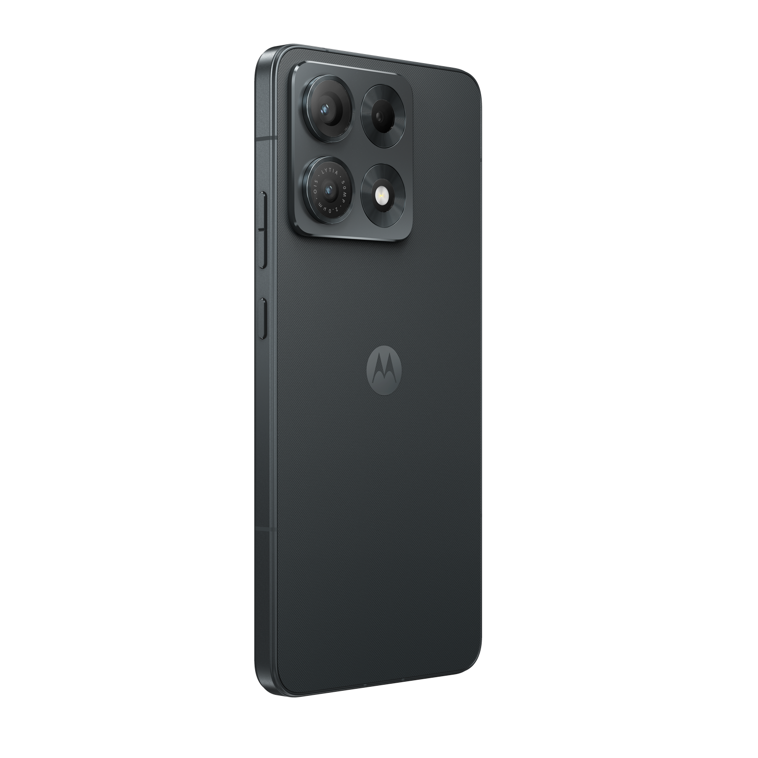 La parte trasera de un smartphone negro con un módulo de cámara cuadrado y el logo de Motorola.