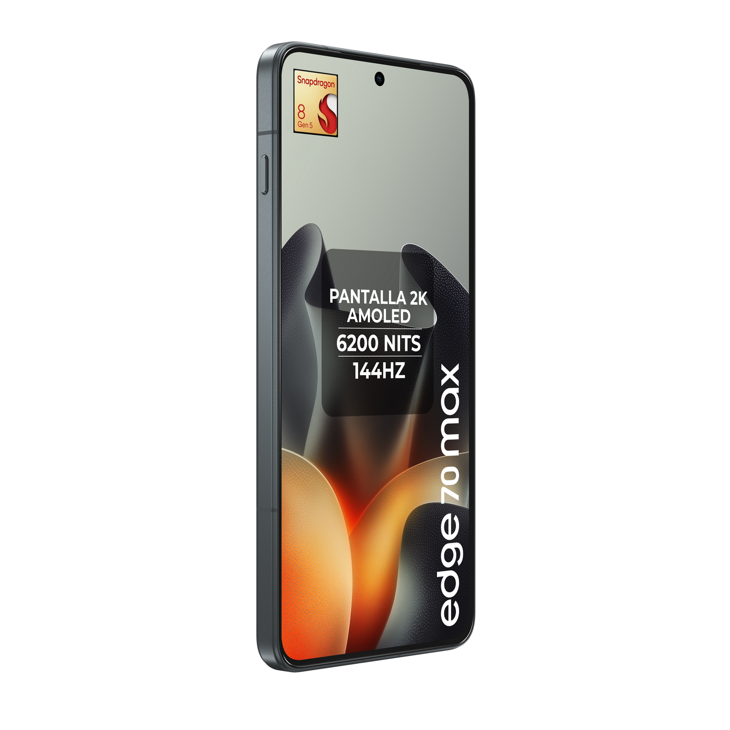 Un smartphone negro muestra una pantalla con especificaciones como Snapdragon 8 Gen 5 y edge 70 max.