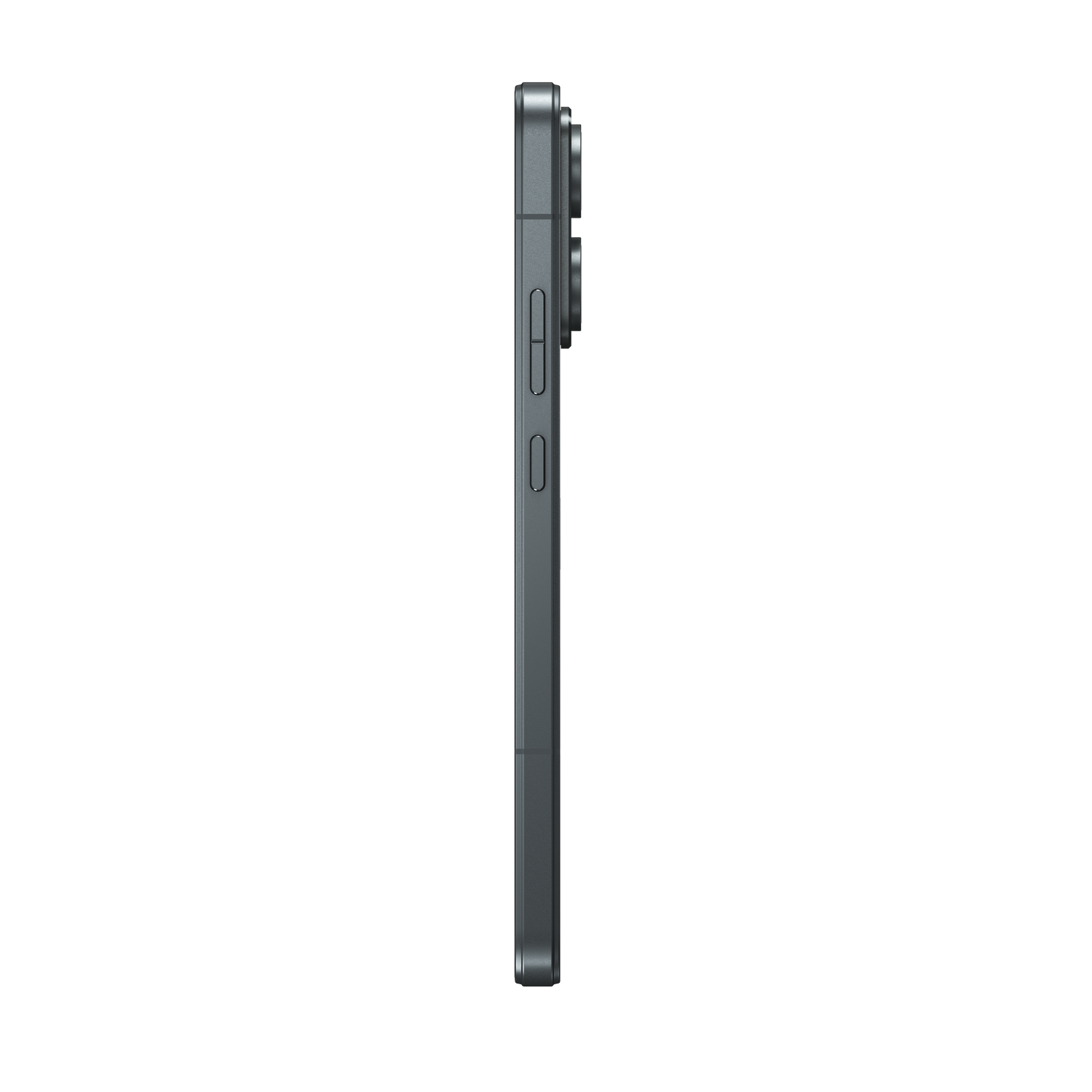 Un smartphone oscuro visto de perfil con botones de volumen y encendido sobre un fondo negro.