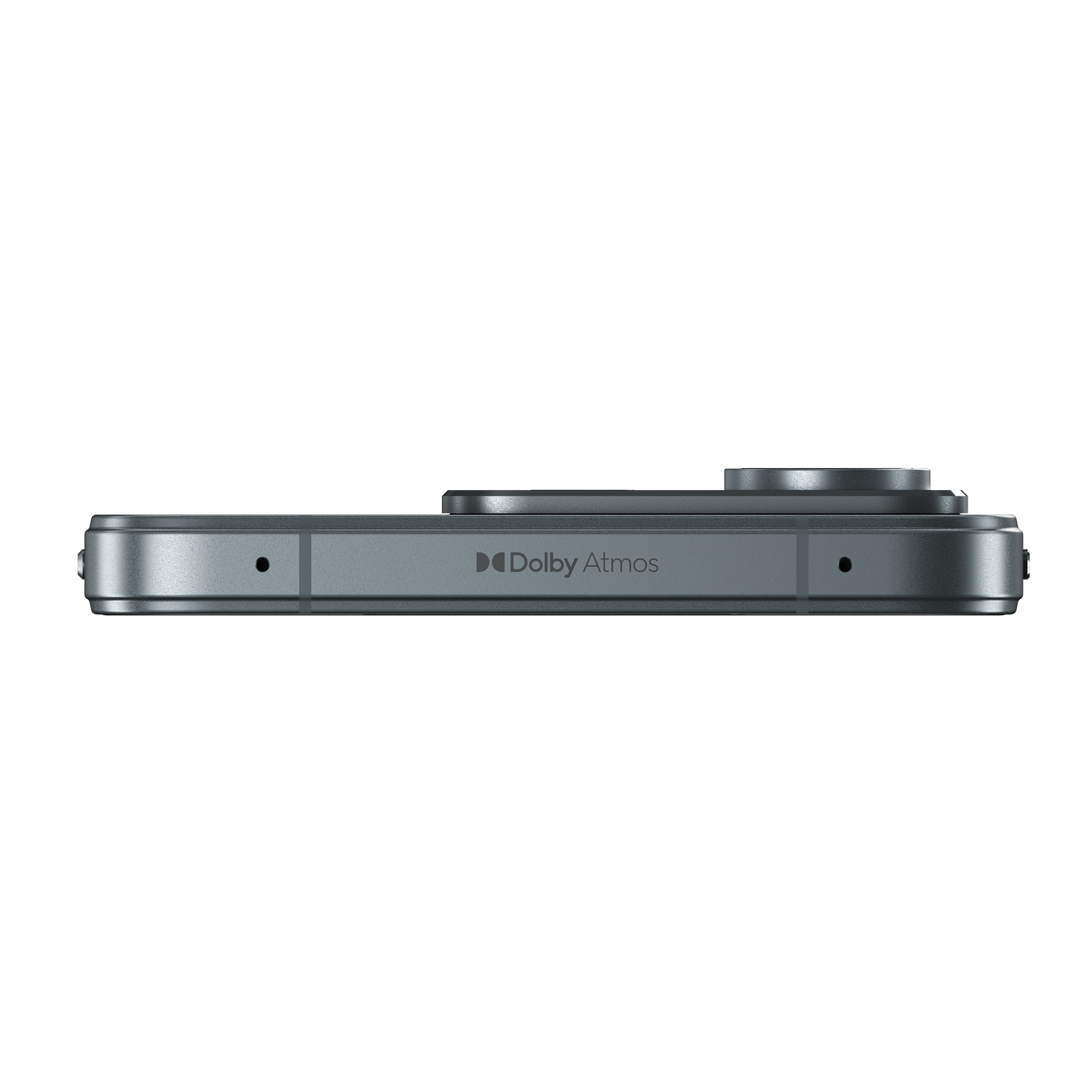 Vista lateral de un smartphone oscuro con texto Dolby Atmos y rejillas de altavoz sobre un fondo negro.