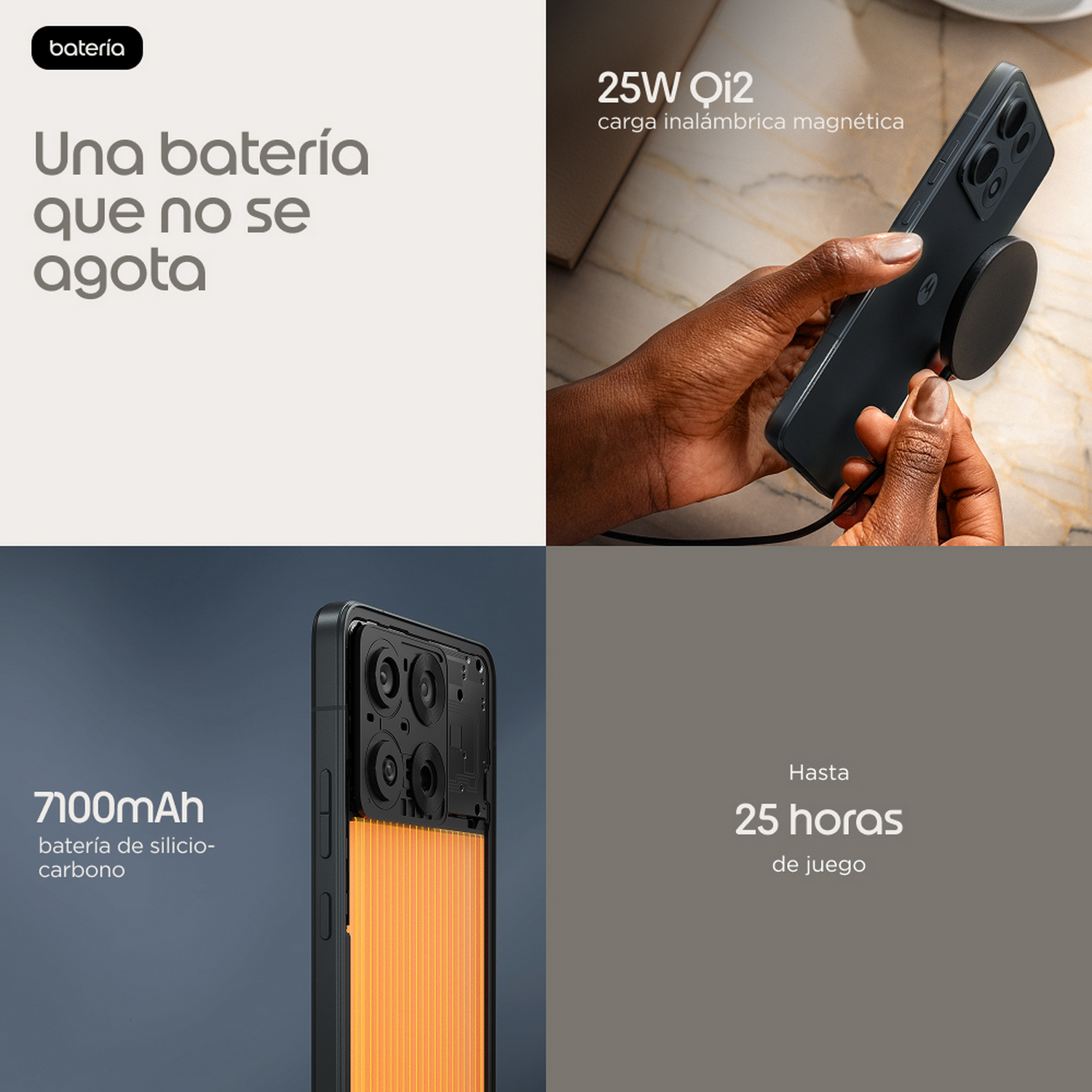 Smartphone con carga inalámbrica Qi2 y detalles de batería.