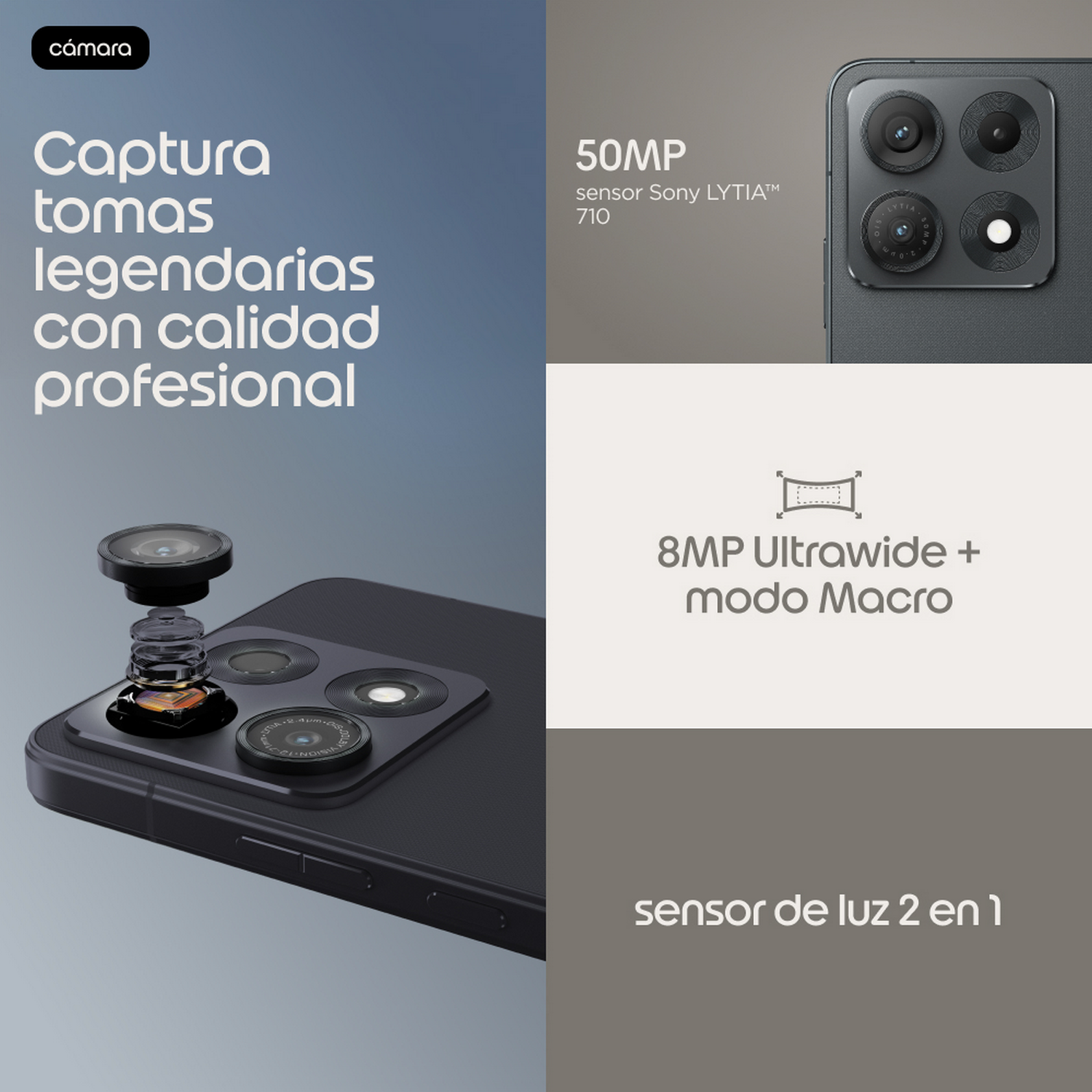 Anuncio de smartphone con sensor Sony Lytia de 50MP, ultra gran angular de 8MP, macro y luz.