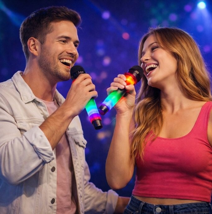 Młody mężczyzna i kobieta radośnie śpiewają do świecących mikrofonów karaoke na rozmytym tle.