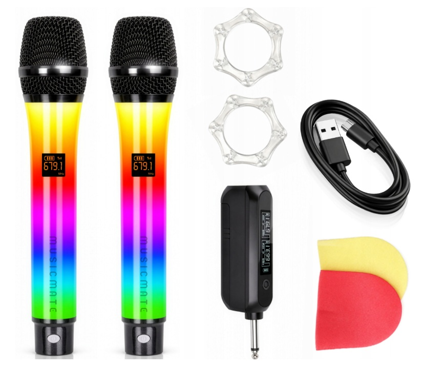 Dwa mikrofony LED w kolorach tęczy z odbiornikiem, kablem USB, pierścieniami i piankami.