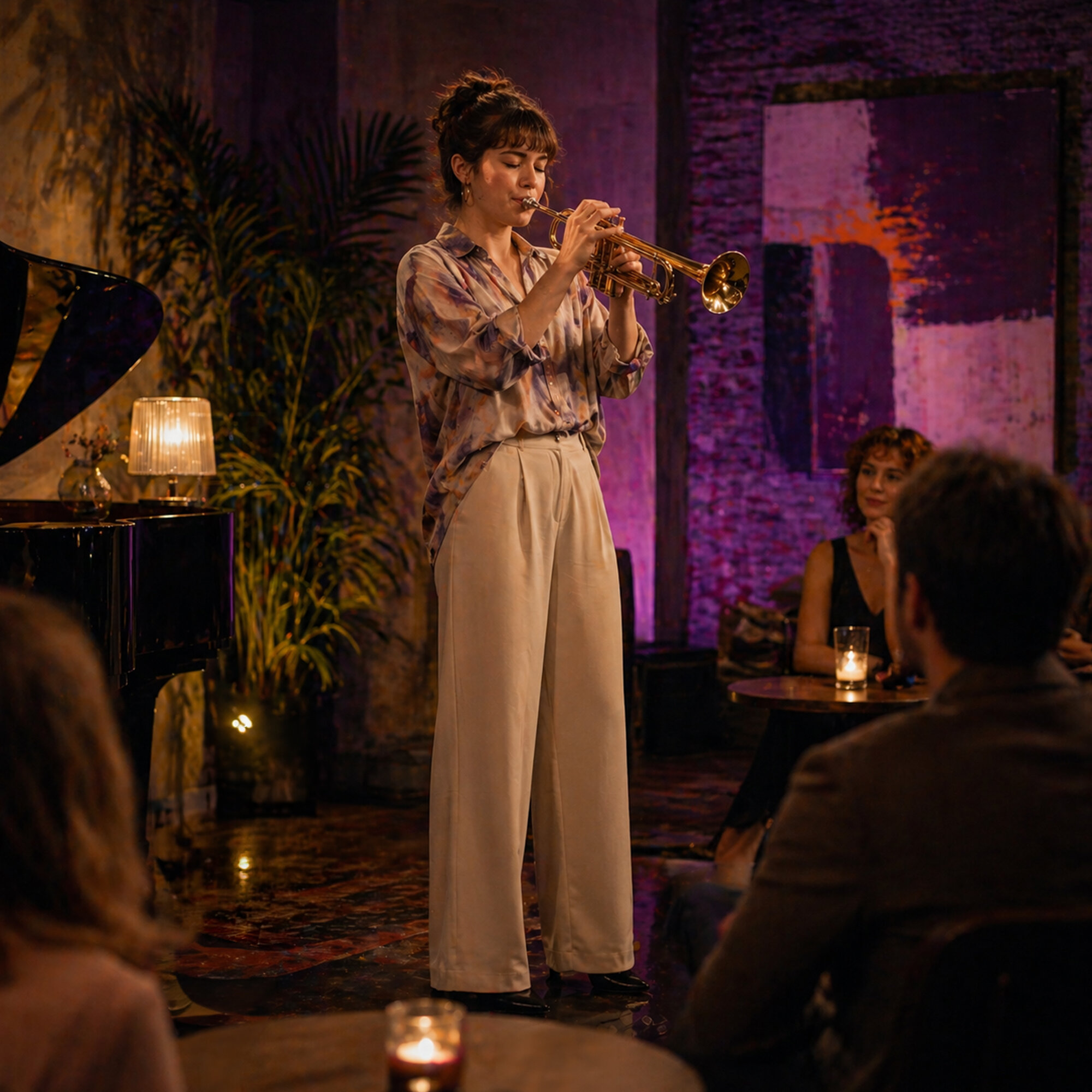 Kobieta gra na trąbce w barze jazzowym z publicznością, roślinami i fortepianem.