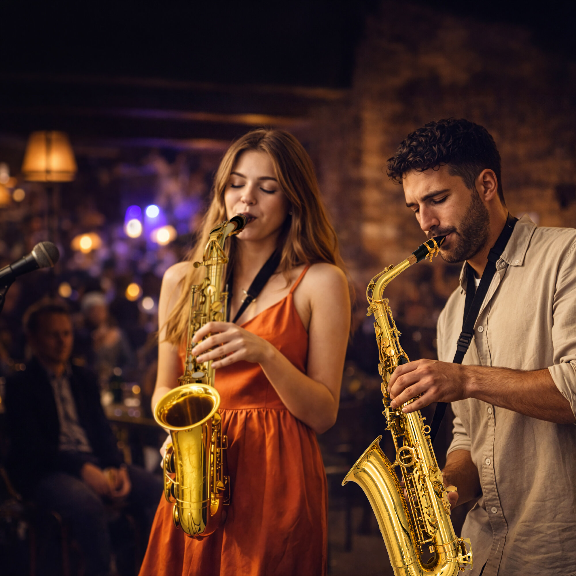 Mężczyzna i kobieta grają na saksofonach w zacienionym klubie jazzowym.