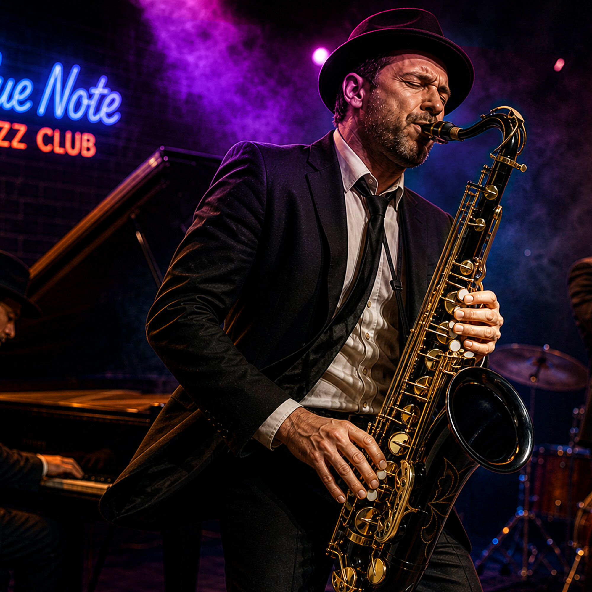 Mężczyzna w garniturze pasjonująco gra na saksofonie w klubie jazzowym z neonem.
