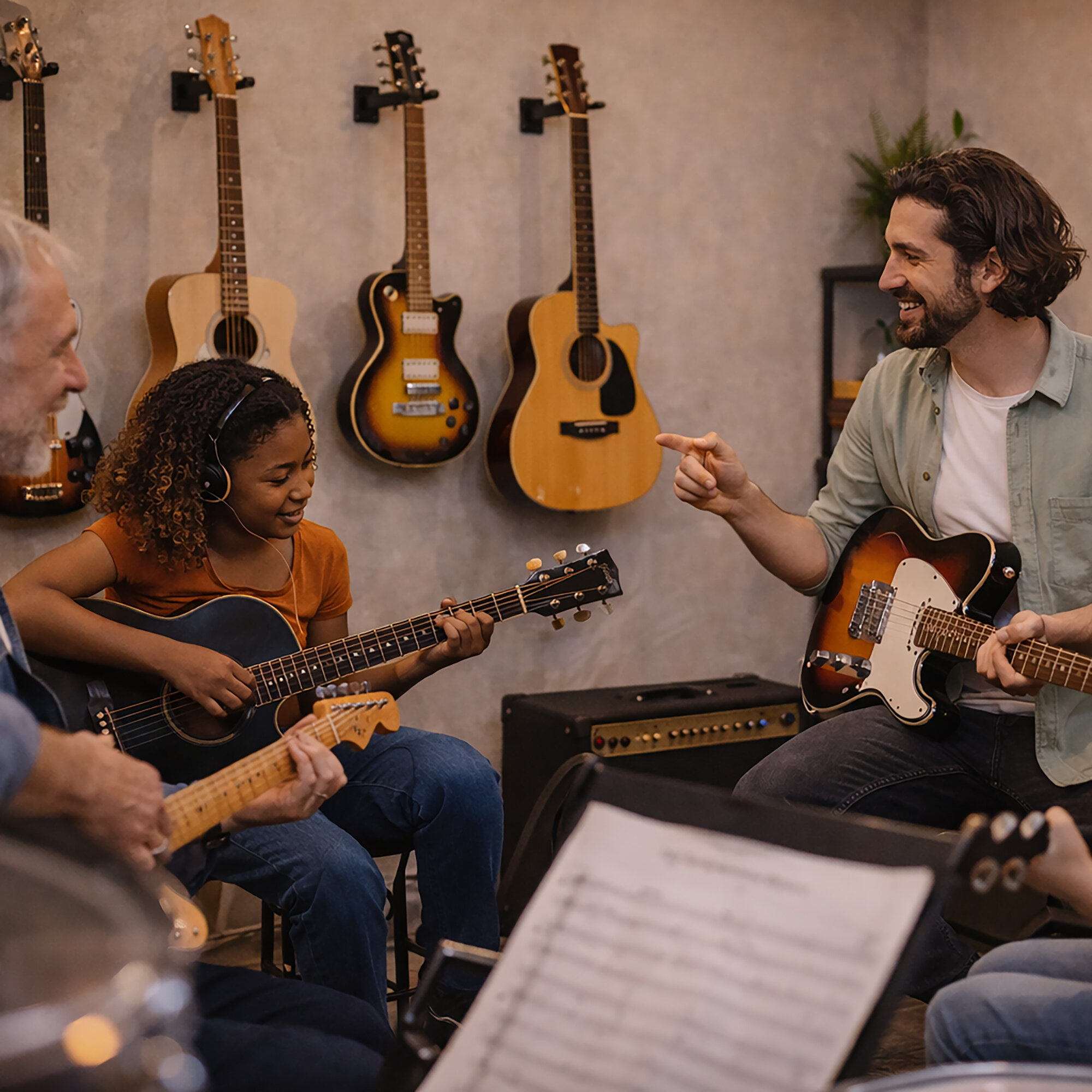 Nauczyciel wskazuje dziewczynkę grającą na gitarze w studiu.