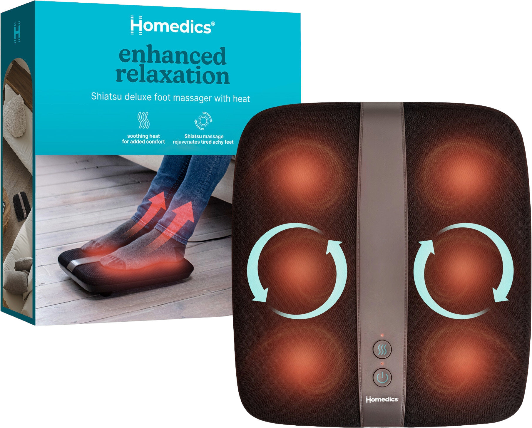 Masażer do stóp Shiatsu Deluxe Homedics z funkcją grzania obok pudełka ze stopami.