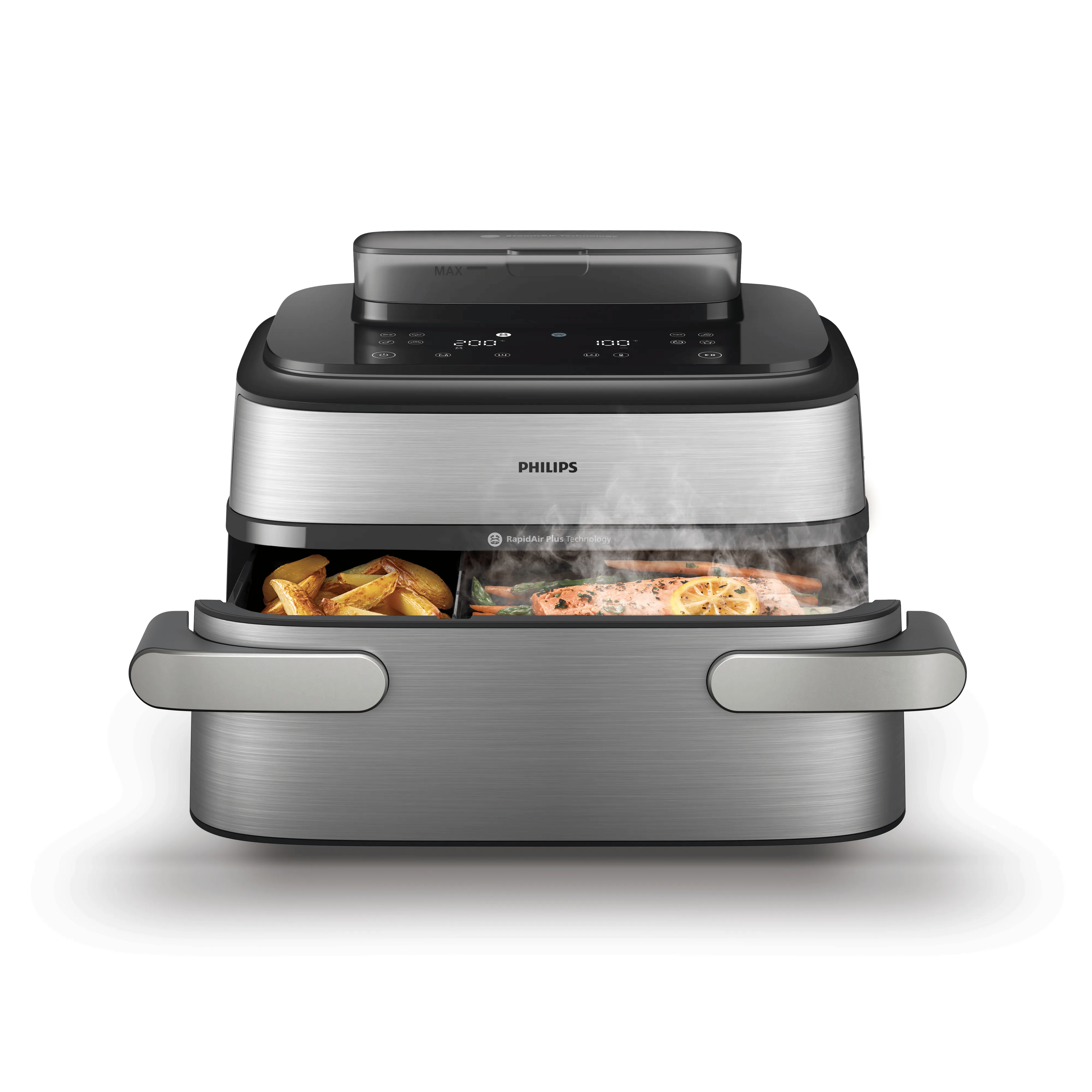 Une friteuse à air Philips argentée avec de la nourriture visible dans le panier entrouvert et de la vapeur.