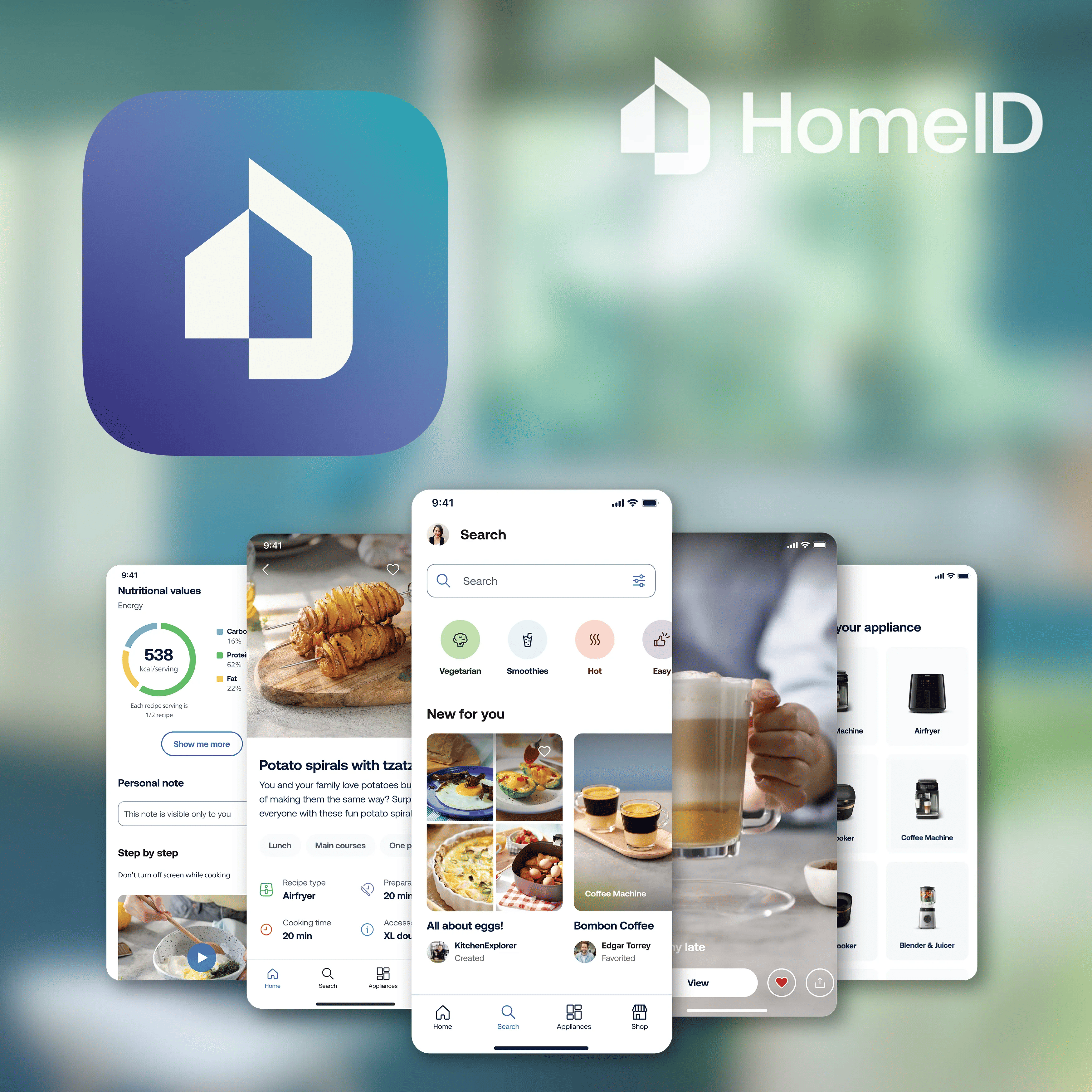 Logo HomeID et écrans de smartphone affichant des recettes, des recherches et des commandes d'appareils.