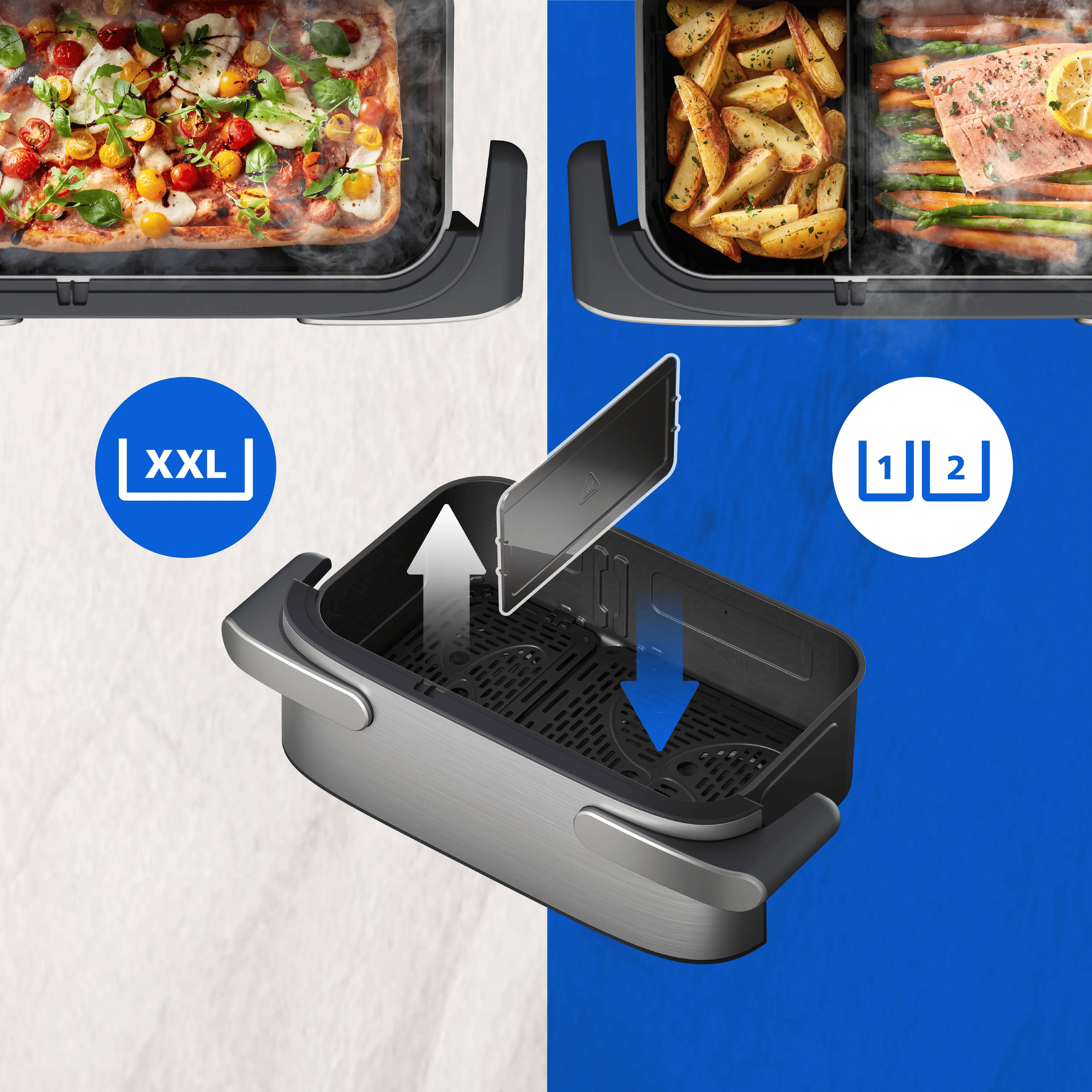 Panier de friteuse à air double avec pizza, pommes de terre et saumon, et icônes XXL et double zone.
