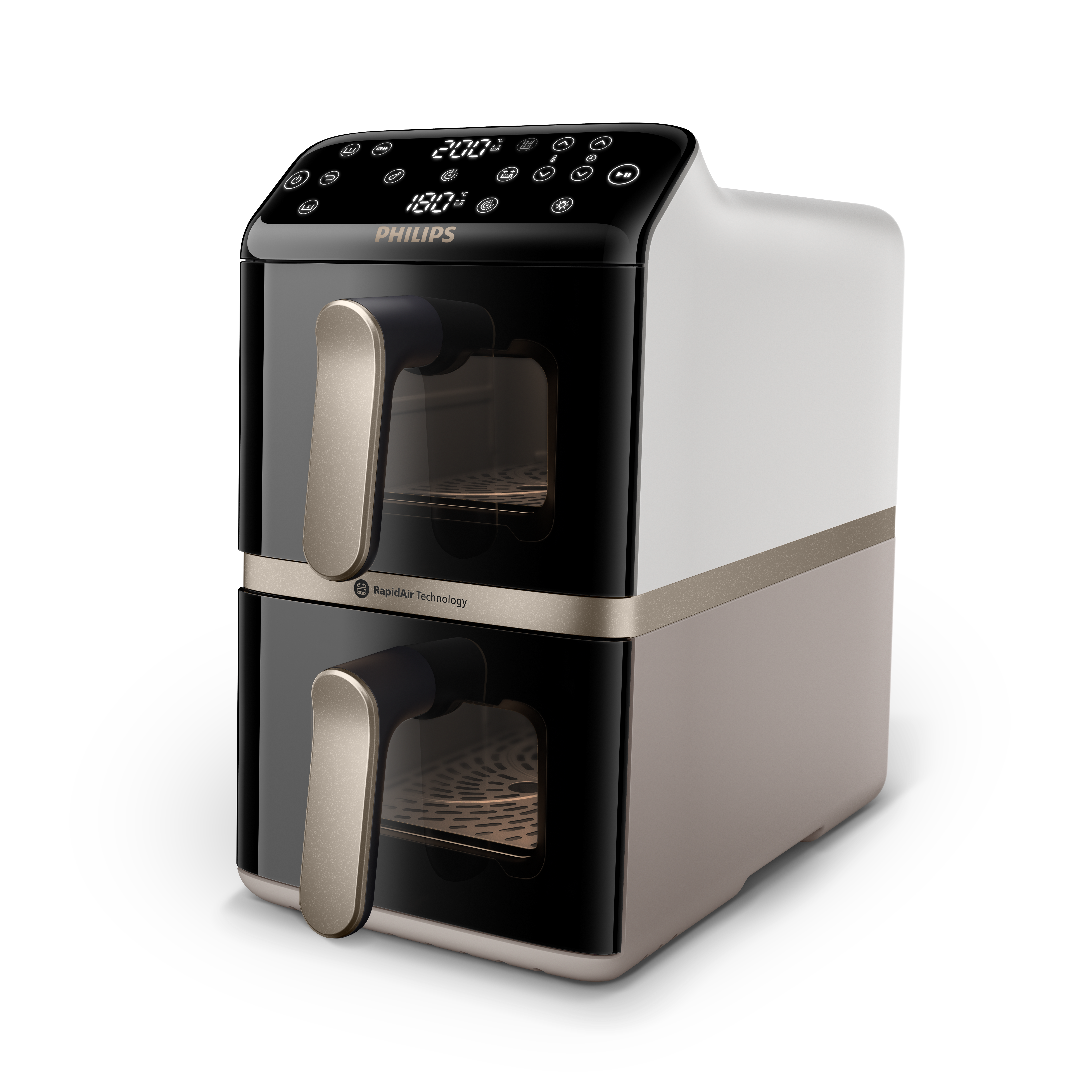 Eine weiße und schwarze Philips Doppel-Heißluftfritteuse mit digitalen Displays.