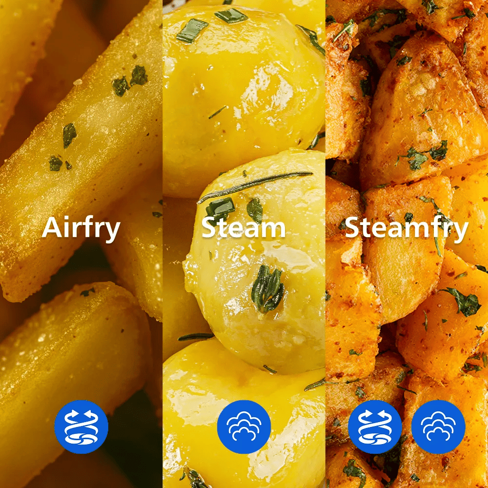 Drei Paneele zeigen Kartoffeln mit den Zubereitungsarten Airfry, Steam und Steamfry, jeweils mit Symbolen.