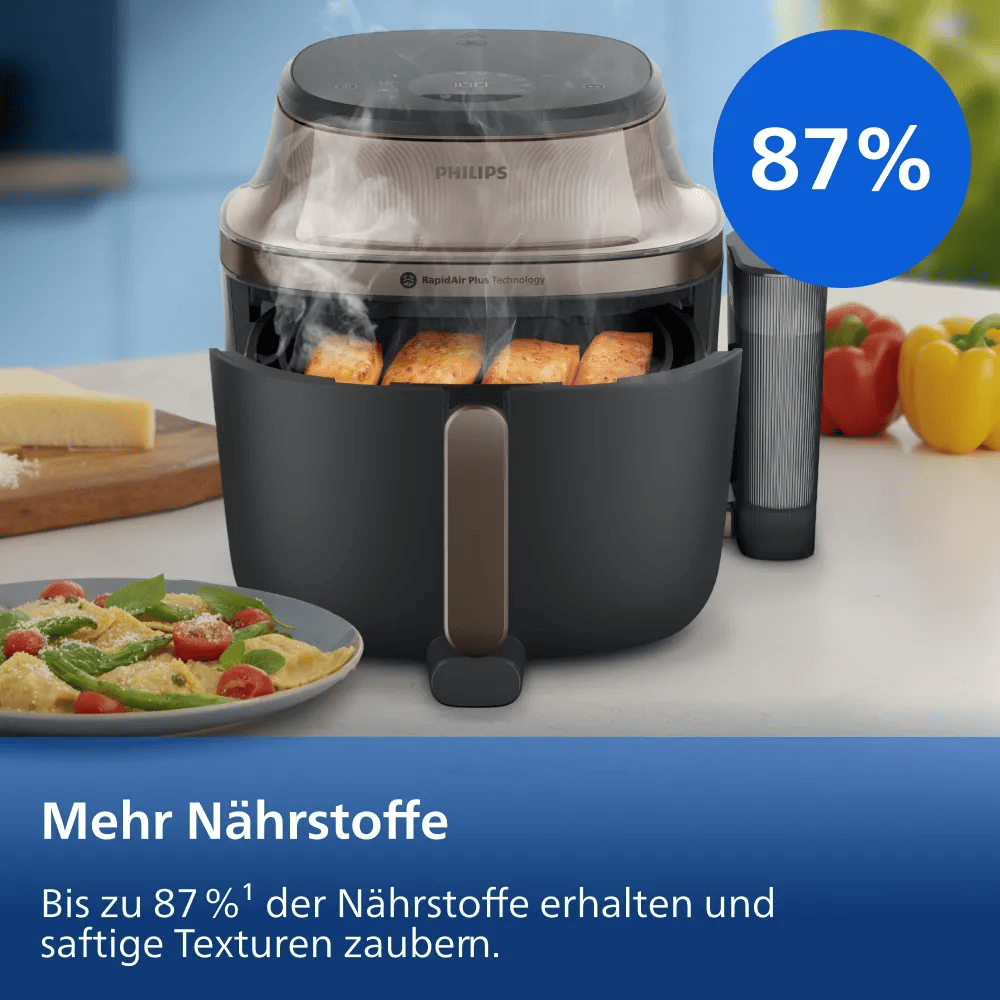 Eine Philips Heißluftfritteuse gart Fischstäbchen mit Dampf; daneben Teller, Gemüse und ein blauer Kreis mit 87%.