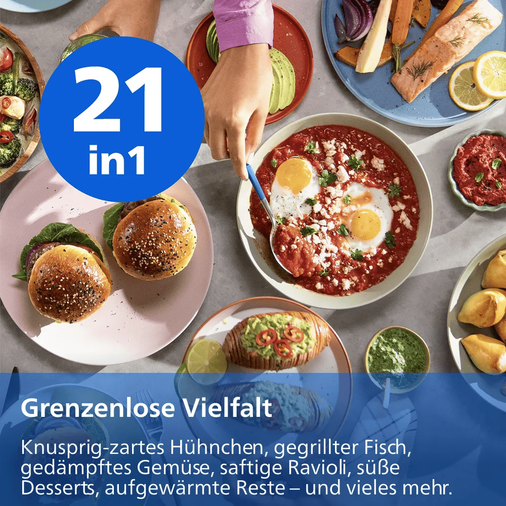 Verschiedene Gerichte, darunter Burger, Shakshuka und Lachs, auf einem Tisch, mit einem blauen Textfeld.