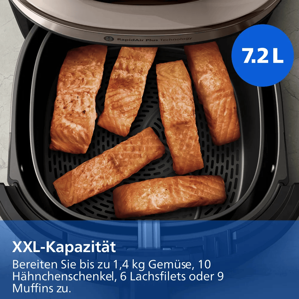 Sechs Lachsfilets in einem großen Airfryer mit 7,2 Litern Kapazität.