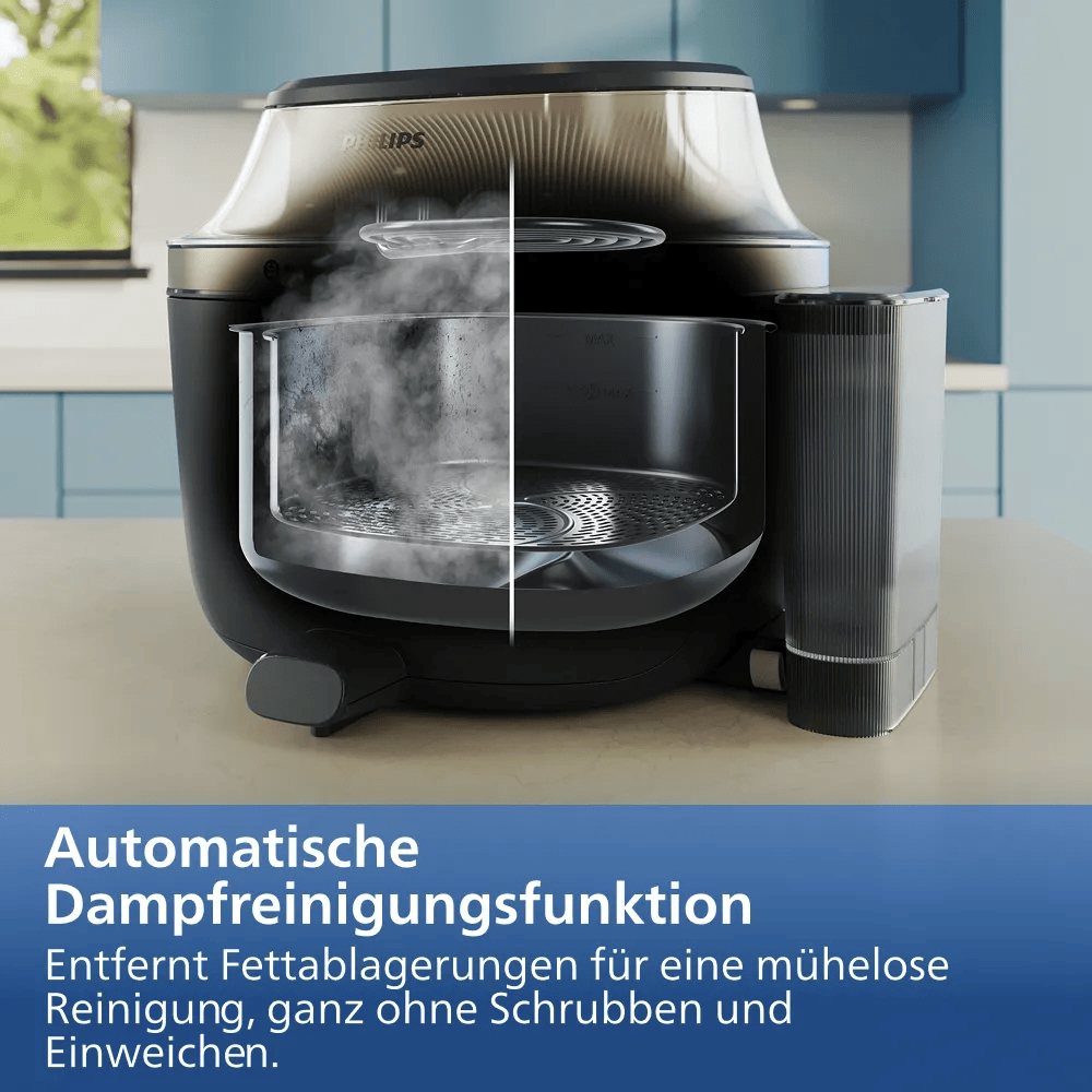 Philips Heißluftfritteuse mit automatischer Dampfreinigungsfunktion, die Fettablagerungen löst.