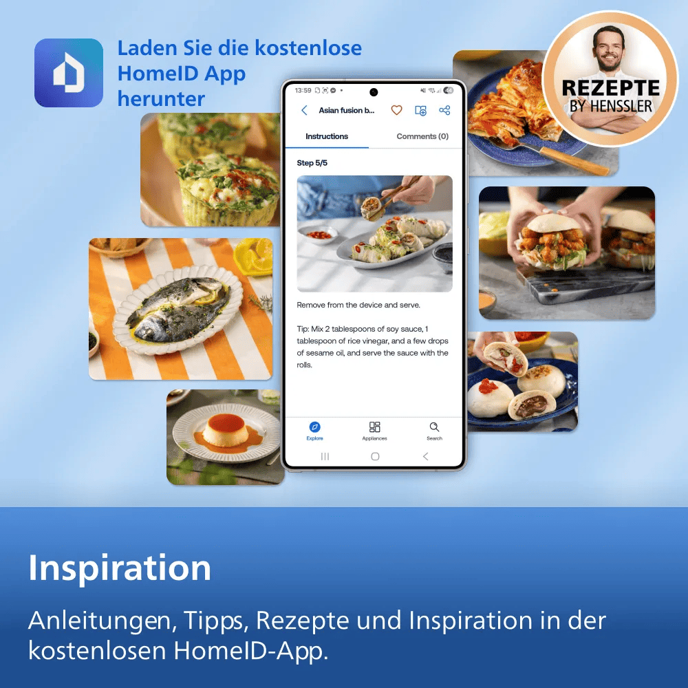 Werbung für die HomeID App mit Smartphone und Rezeptfotos.