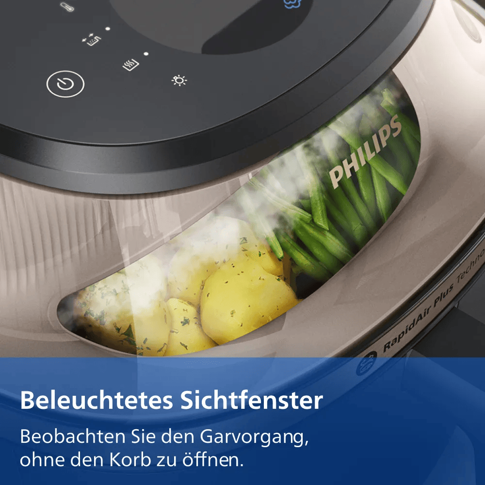 Beleuchtetes Sichtfenster an einem Philips-Gerät zeigt gekochte Kartoffeln und grüne Bohnen.