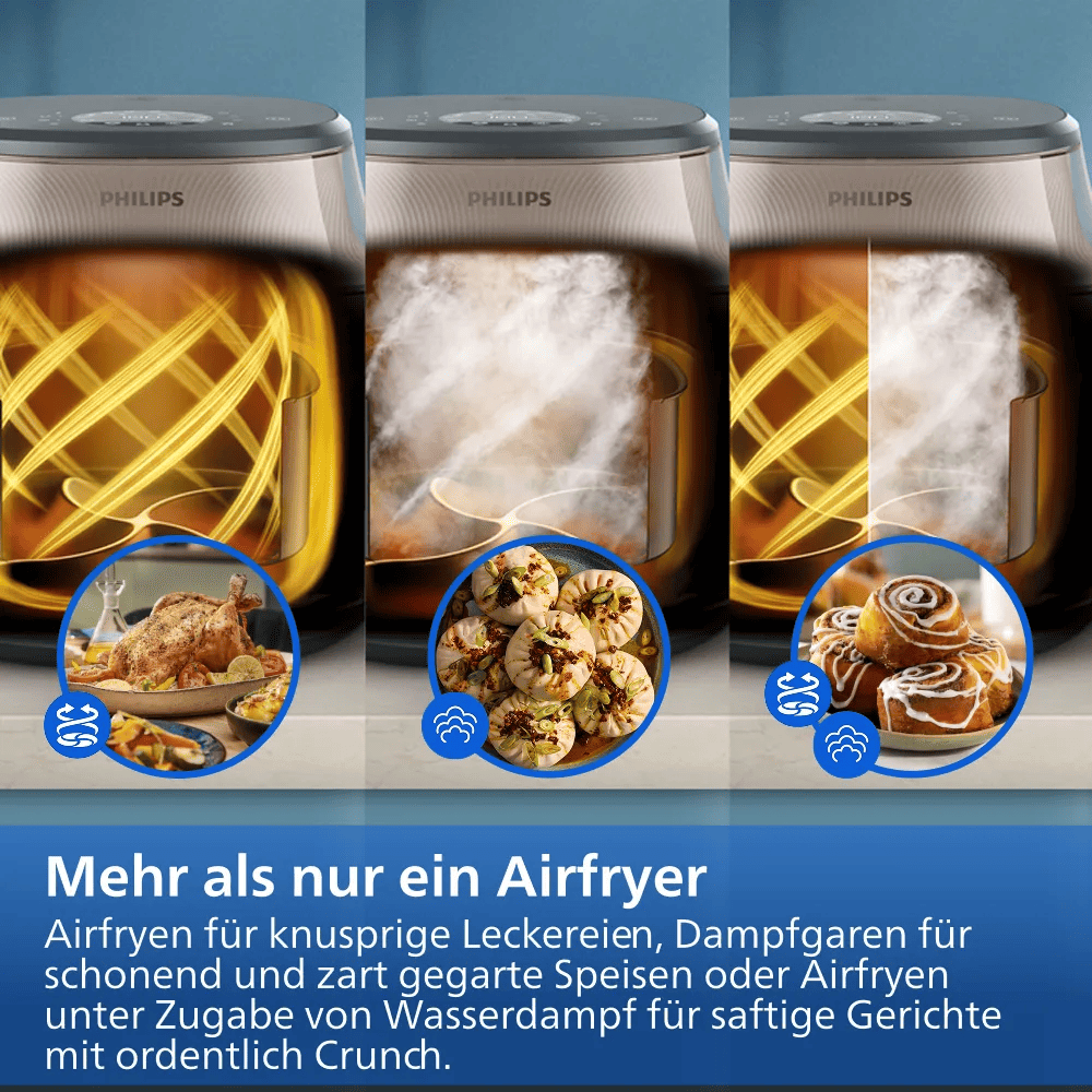 Drei Philips Airfryer mit verschiedenen Kochmodi für knusprige, gedämpfte und saftige Gerichte.