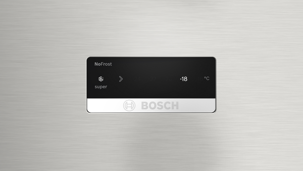 NoFrost ve -18 °C gösteren siyah Bosch kontrol panelli paslanmaz çelik yüzey.