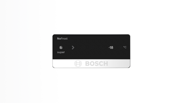 Dijital ekranlı ve düğmeli siyah ve gümüş renkli Bosch NoFrost dondurucu kontrol paneli.