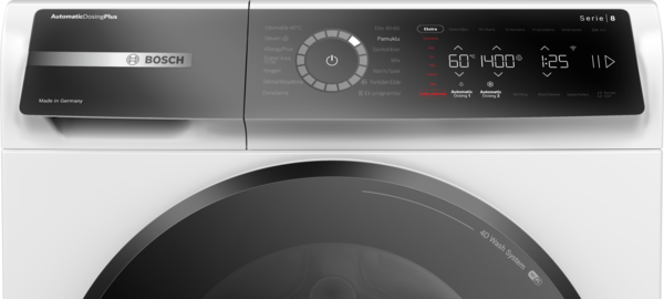 Beyaz bir Bosch Serie 8 çamaşır makinesinin üst kontrol paneli ve üst kapısı.