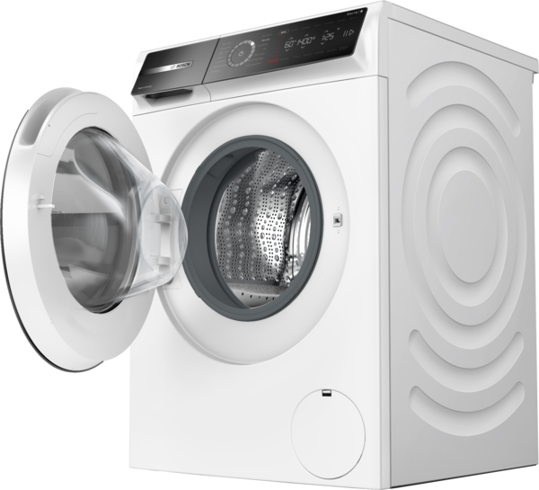 Siyah arka plan üzerinde kapısı açık beyaz bir Bosch çamaşır makinesi.