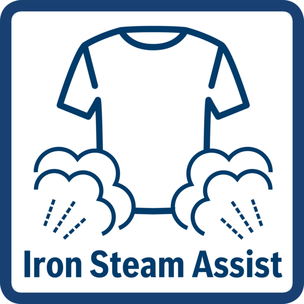 Buhar bulutlarıyla çevrili bir tişörtü ve Iron Steam Assist yazısını gösteren mavi bir simge.