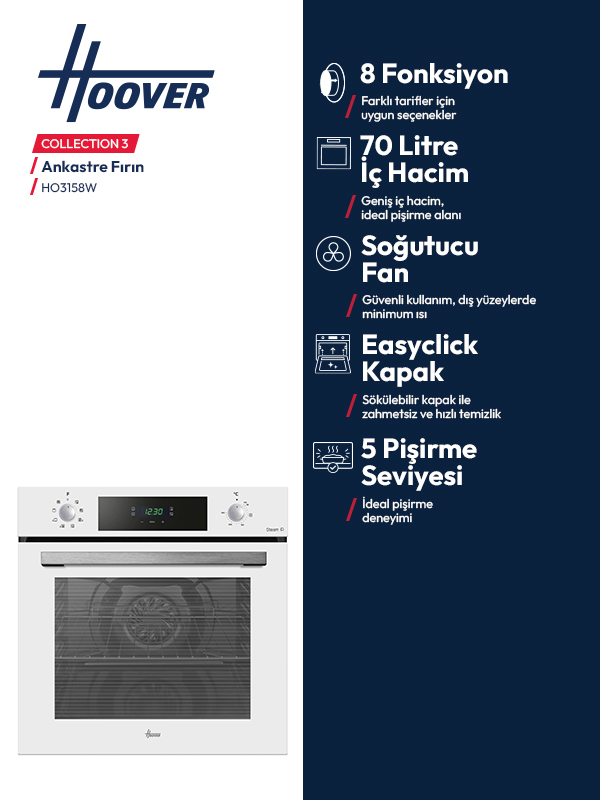 Beyaz Hoover ankastre fırın tanıtım afişi, 70 litre iç hacim, soğutucu fan ve 8 fonksiyon özellikleri.