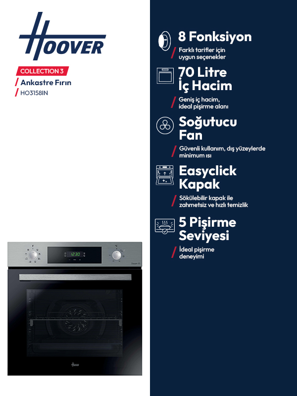 Beyaz ve mavi arka plan üzerinde özellikler ve gümüş panele sahip Hoover ankastre fırın.
