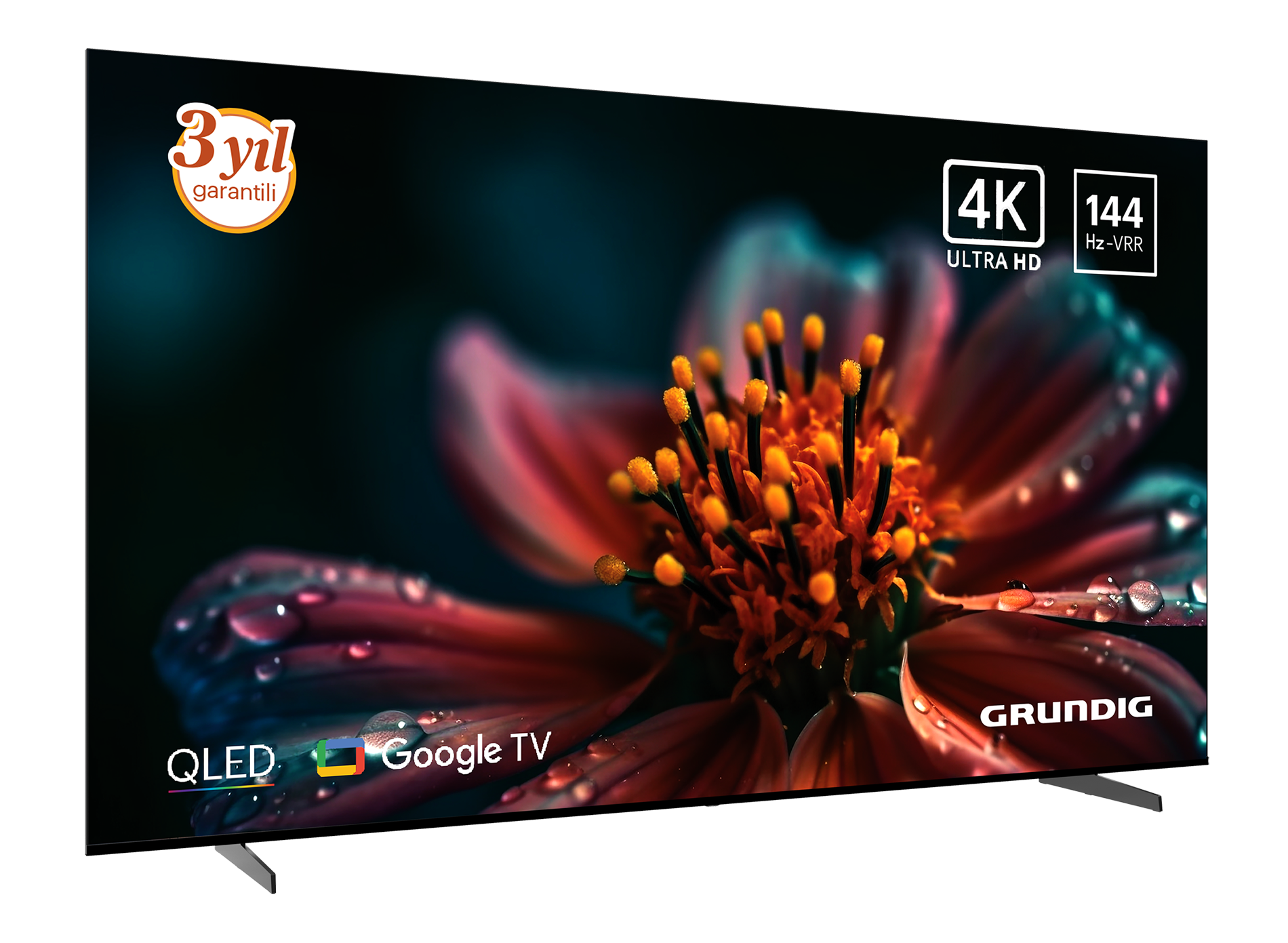 Üzerinde su damlaları olan kırmızı çiçek gösteren düz ekran televizyon.