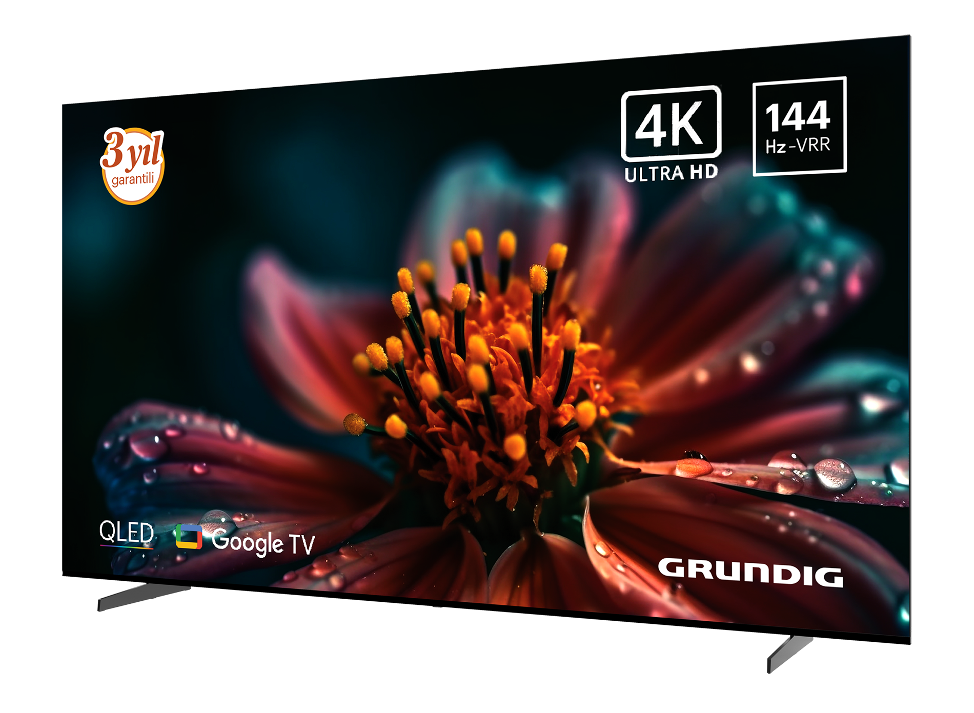 Bir Grundig QLED Google TV, yapraklarında su damlaları olan renkli bir çiçek gösteriyor.