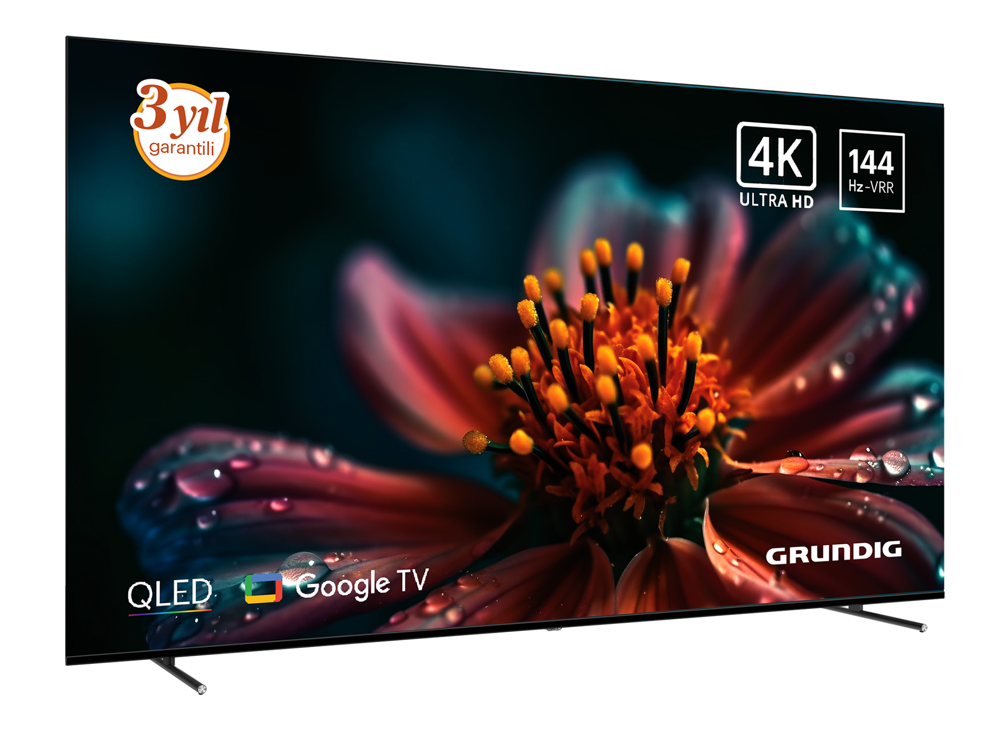 Ekranında çiçek olan, 4K UHD ve 144Hz özellikli Grundig QLED Google TV.
