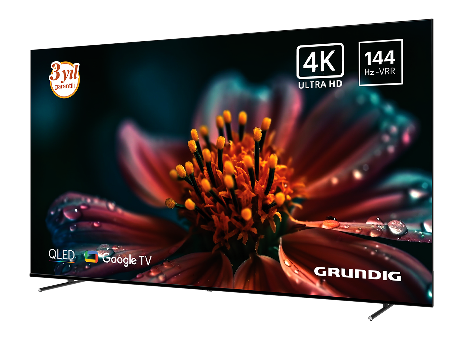 Bir Grundig QLED TV, su damlalı renkli bir çiçek gösteriyor. 4K Ultra HD, 144Hz-VRR ve Google TV yazıyor.