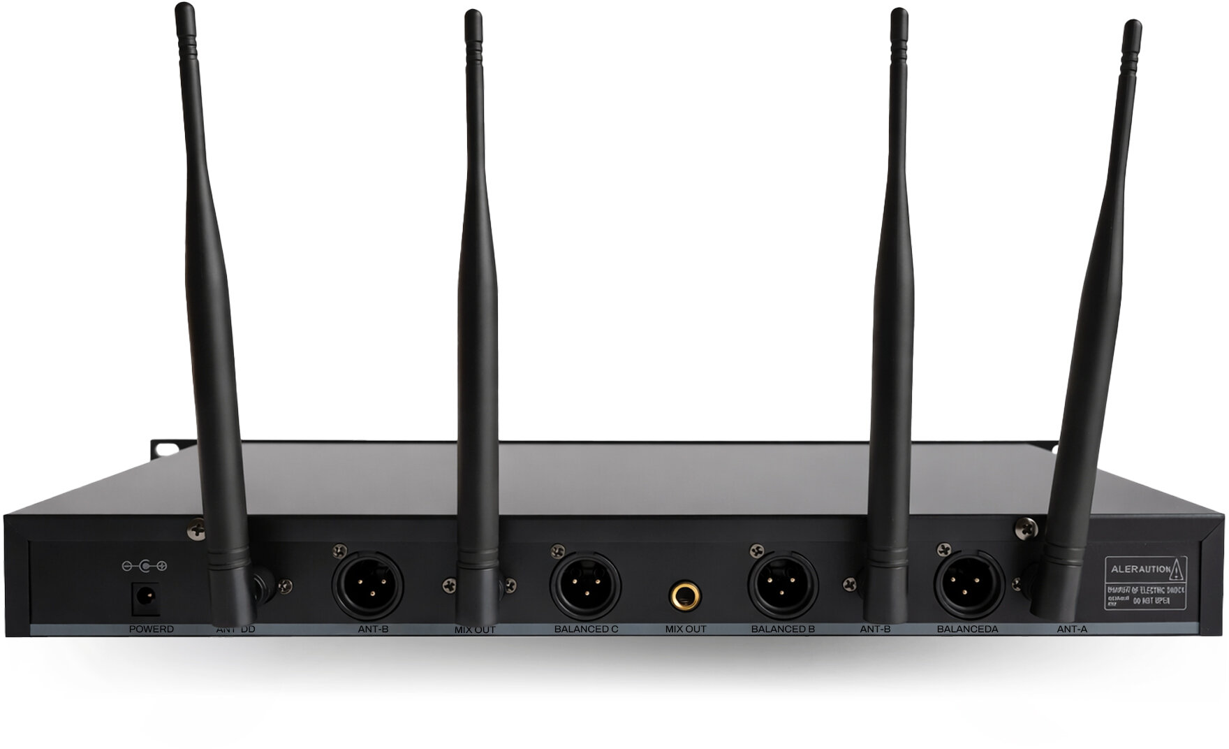 Tylny panel czarnego urządzenia audio z czterema antenami, złączami XLR i portem zasilania.