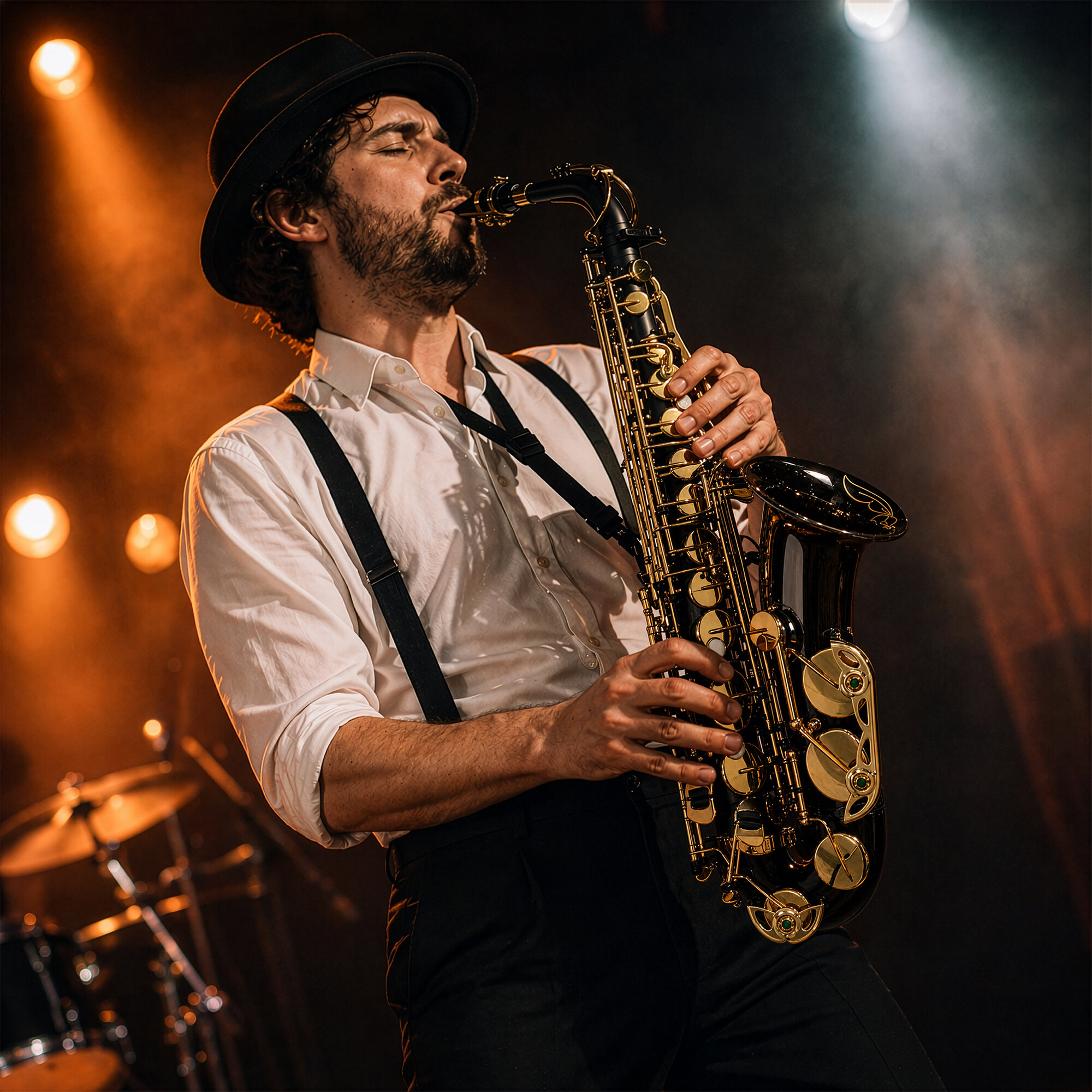Mężczyzna w kapeluszu z pasją gra na saksofonie na scenie, z perkusją w tle.