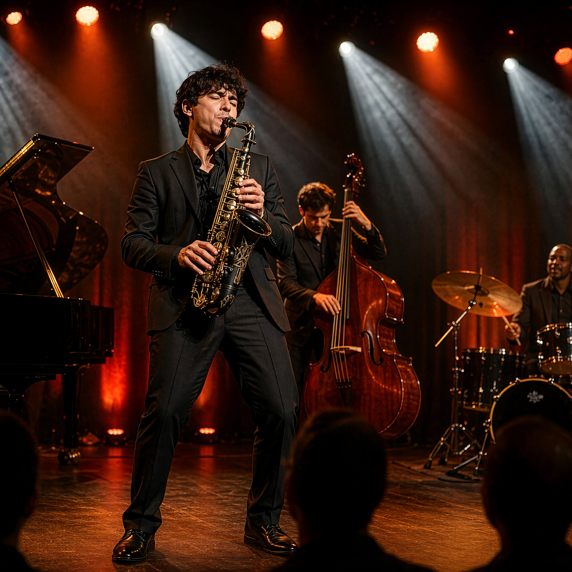 Zespół jazzowy na scenie: saksofonista na pierwszym planie, z kontrabasem i perkusją w świetle reflektorów.