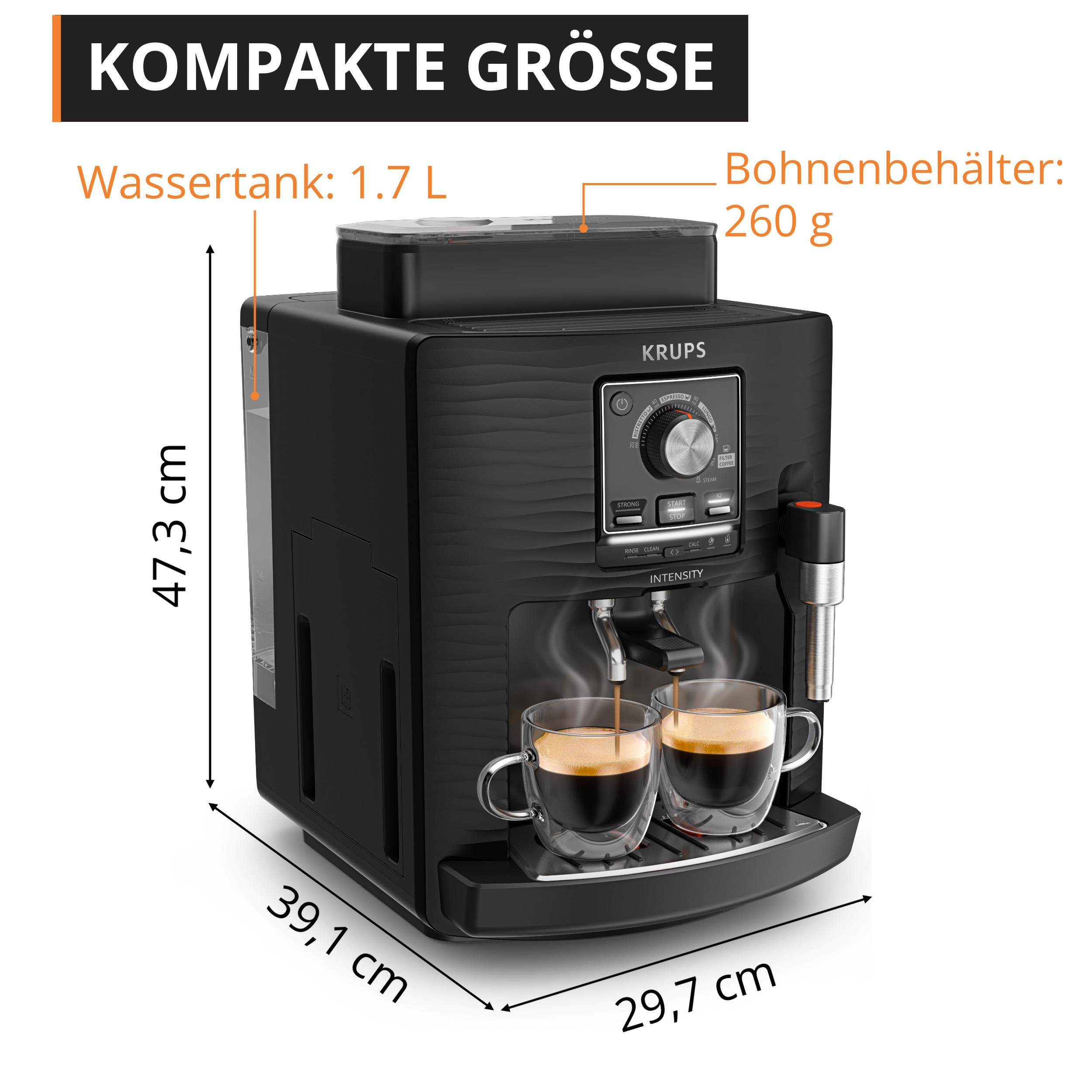 Schwarze Krups Kaffeemaschine mit zwei gläsernen Tassen Kaffee und Maßangaben in Zentimetern und Litern.