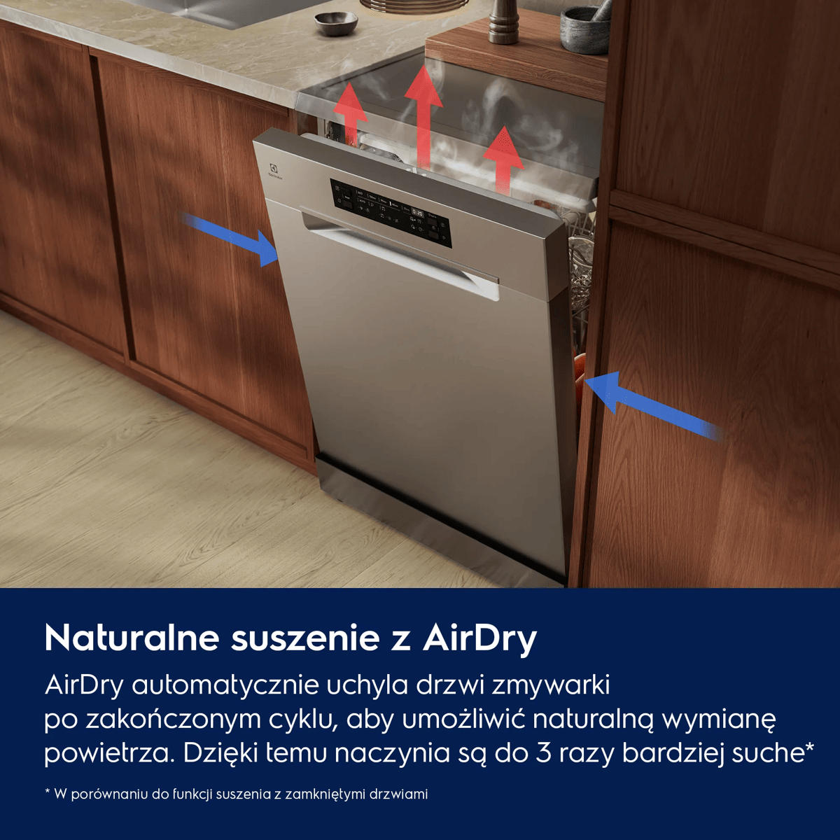 Drzwi zmywarki uchylają się lekko po cyklu dla naturalnego suszenia.