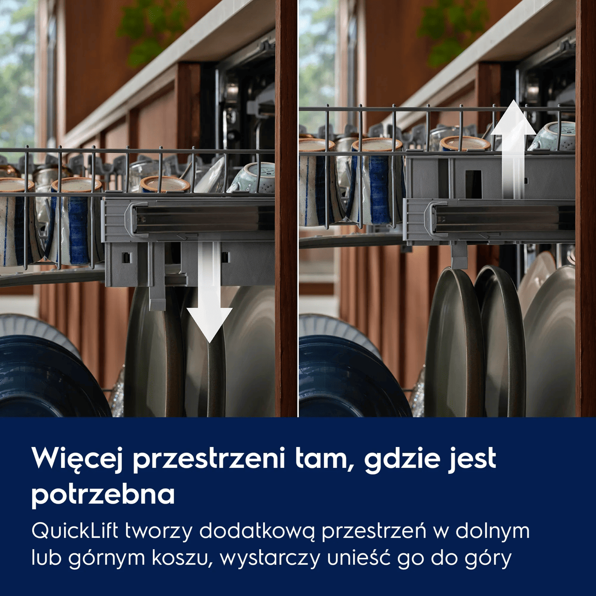 Kosz zmywarki z regulacją wysokości dla większej przestrzeni.