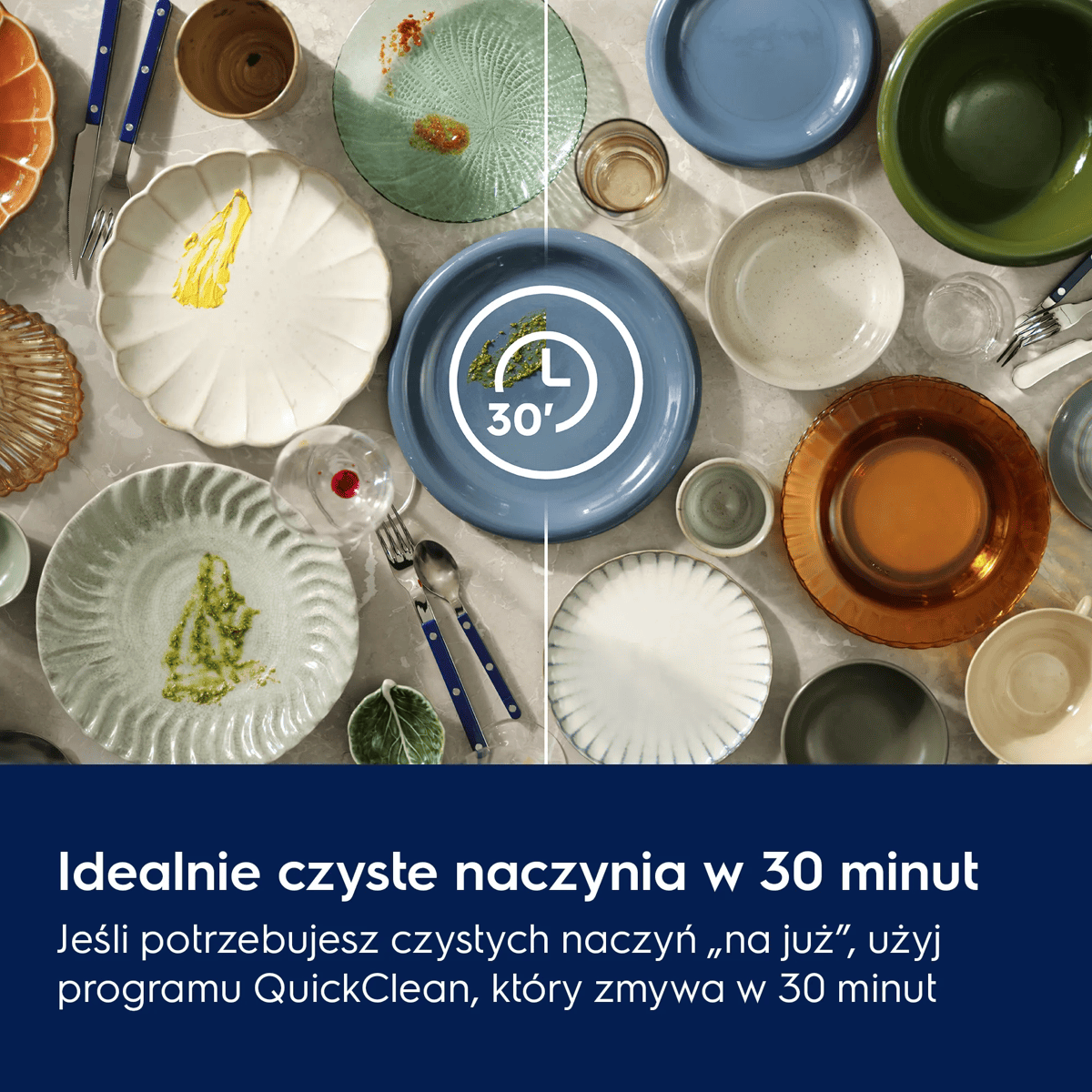 Widok z góry na brudne naczynia na stole, z ikoną timera na 30 minut na środku i tekstem w tle.