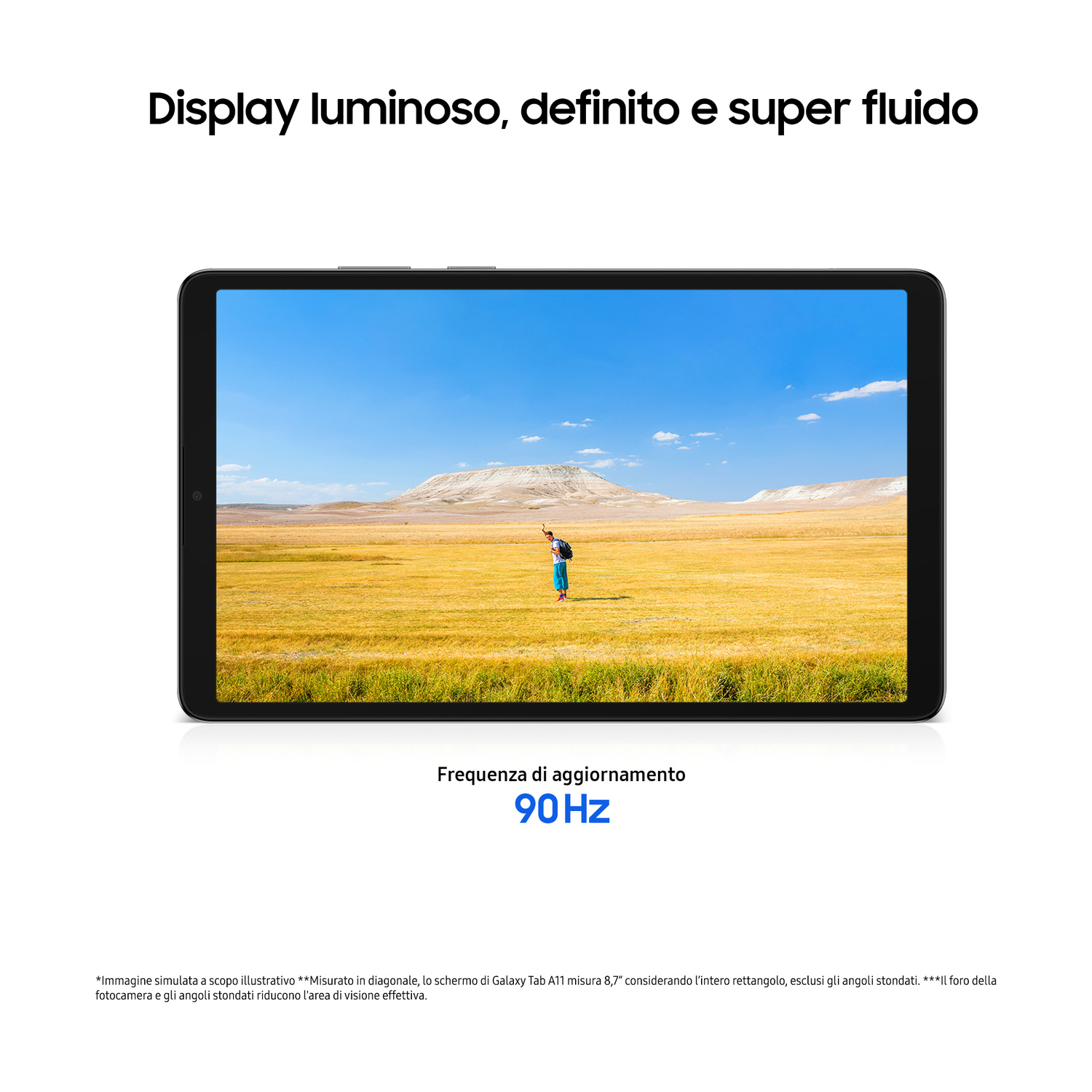 Un tablet che mostra un'immagine paesaggistica luminosa e testo che pubblicizza la frequenza di aggiornamento a 90Hz.